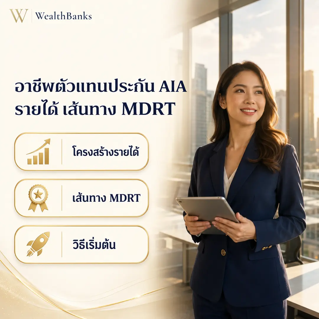 หญิงไทยวัยทำงานยืน ถือแท็บเล็ต ยิ้มมาที่ผู้ชม ในออฟฟิศโทนสีสว่าง แสงนุ่มนวล มั่นใจในเป้าหมาย, กราฟิกแบรนด์ WealthBanks พร้อมหัวข้อและป้ายคีย์เวิร์ดอาชีพที่ปรึกษา