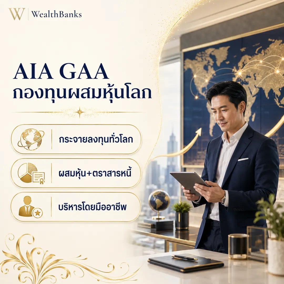 ชายไทยวัยทำงานนั่งโต๊ะทำงานในออฟฟิศสว่าง สายตจ้องมองแท็บเล็ตบนโต๊ะ มือพักคาง ข้างๆ มีกระดาษเอกสาร แสงนุ่มนวล สงบจดจ่อ, กราฟิกแบรนด์ WealthBanks พร้อมหัวข้อและป้ายคีย์เวิร์ดลงทุน