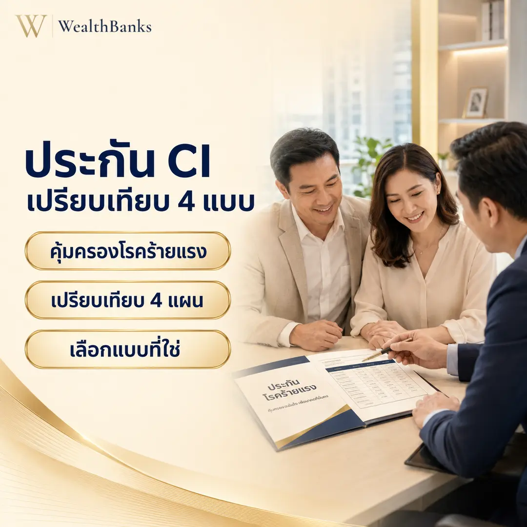 ชายสามคน หนึ่งเป็นที่ปรึกษาชี้เอกสารบนโต๊ะ ขณะที่ชายและหญิงลูกค้ามองดู ในห้องประชุมออฟฟิศ โทนสีสว่าง, กราฟิกแบรนด์ WealthBanks พร้อมหัวข้อและป้ายคีย์เวิร์ดโรคร้ายแรง