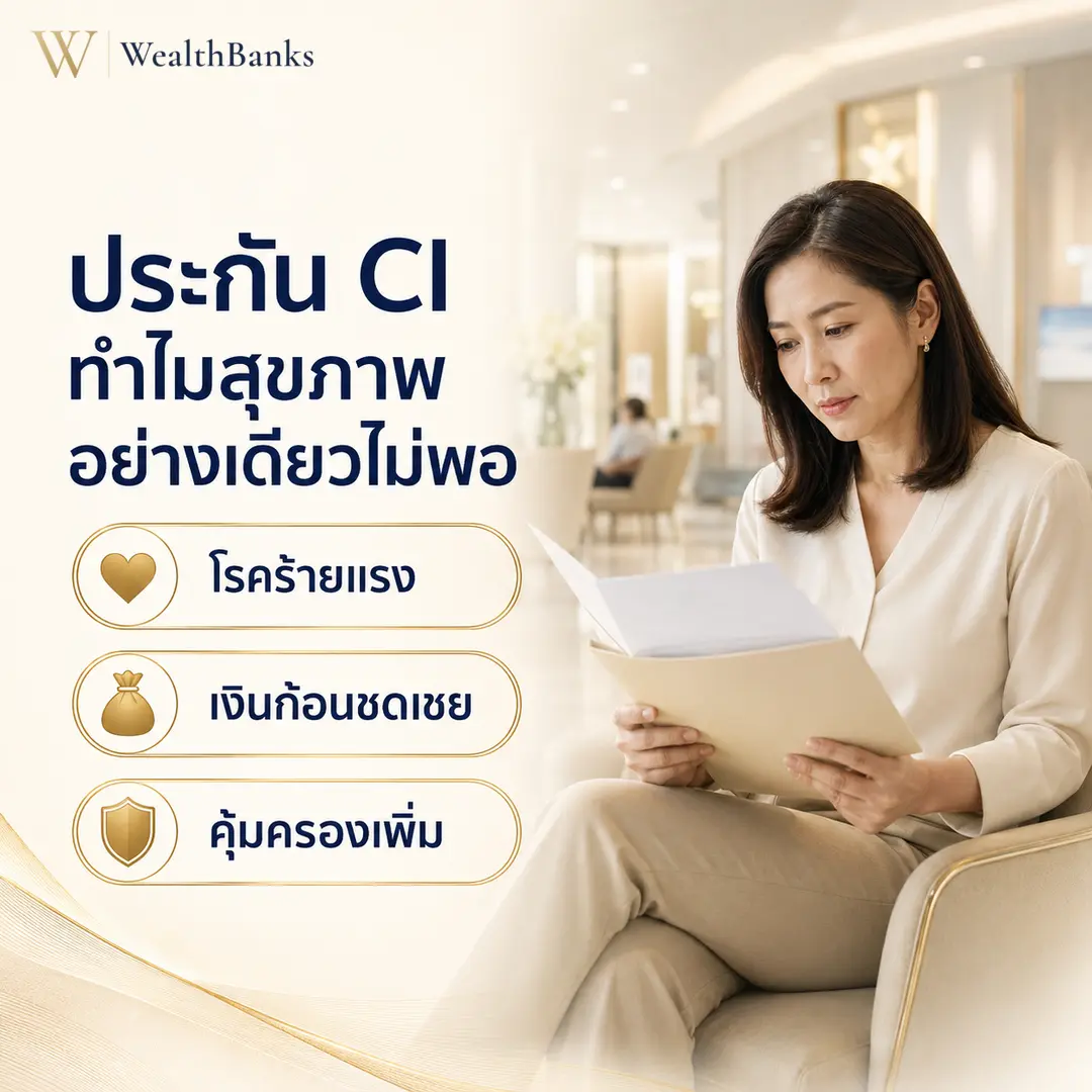 หญิงไทยวัยทำงานนั่งเก้าอี้มองเอกสารหรือแฟ้ม ในออฟฟิศหรือบ้านโทนสีสว่าง ภายในสว่างสะอาดเป็นมืออาชีพ, กราฟิกแบรนด์ WealthBanks พร้อมหัวข้อและป้ายคีย์เวิร์ดโรคร้ายแรง