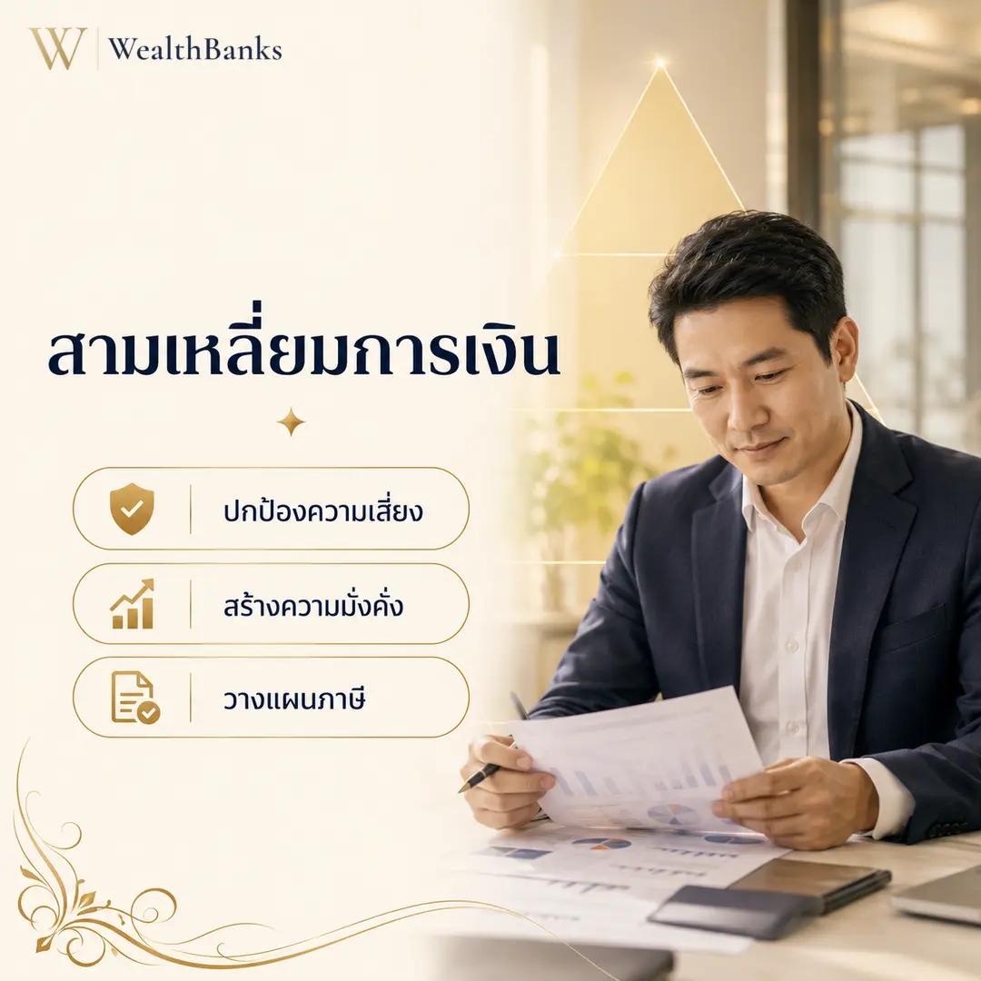 ชายไทยวัยทำงานสวมสูทนั่งโต๊ะทำงาน ก้มมองเอกสารและกราฟฟิกบนโต๊ะ ในออฟฟิศมืออาชีพโทนสีสว่าง มีหน้าต่างกว้าง นั่งวางแผนอย่างมั่นใจ, กราฟิกแบรนด์ WealthBanks พร้อมหัวข้อและป้ายคีย์เวิร์ดวางแผนการเงิน