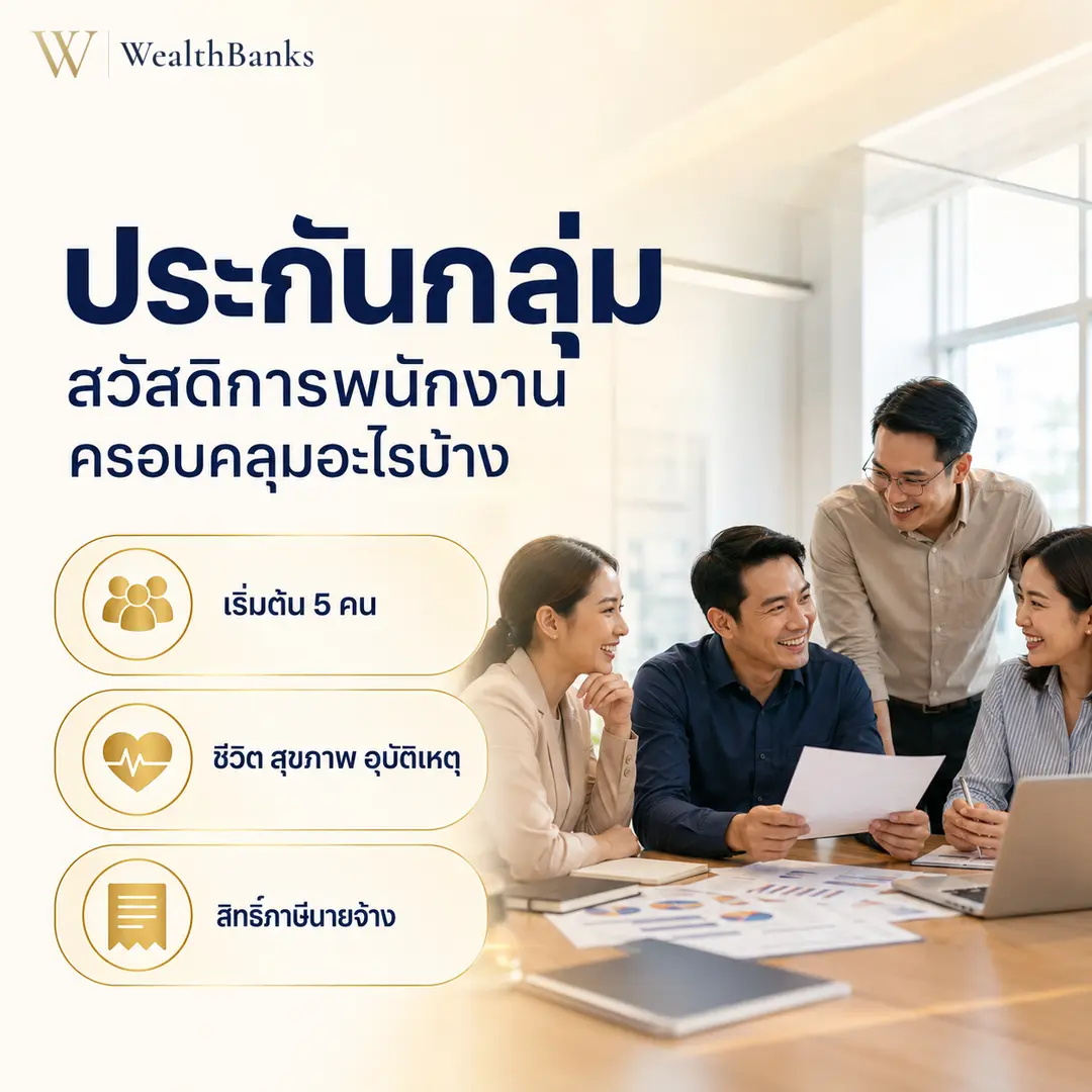 เพื่อนร่วมงานสี่คน ชายสองหญิงสอง นั่งล้อมโต๊ะดูเอกสารและแล็ปท็อป เหมือนกำลังประชุม ในออฟฟิศโทนสีสว่าง แสงนุ่มนวล, กราฟิกแบรนด์ WealthBanks พร้อมหัวข้อและป้ายคีย์เวิร์ดประกันกลุ่ม