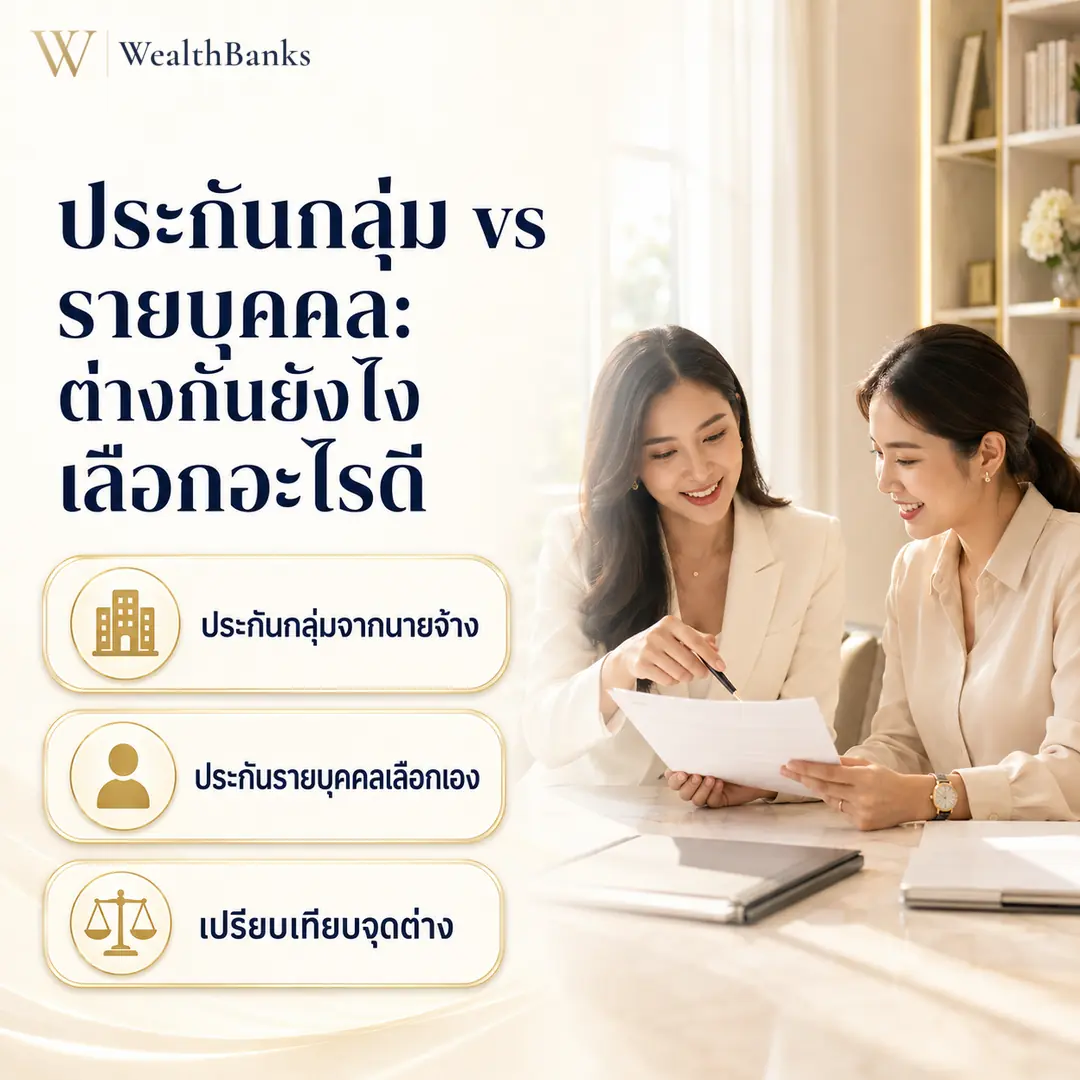หญิงวัยทำงานสองคน นั่งคุยกันในออฟฟิศโทนสีงาช้าง คนหนึ่งถือเอกสารชี้ให้อีกคนดู แสงนุ่มนวล กราฟิกแบรนด์ WealthBanks พร้อมหัวข้อและป้ายคีย์เวิร์ดเปรียบเทียบประกัน