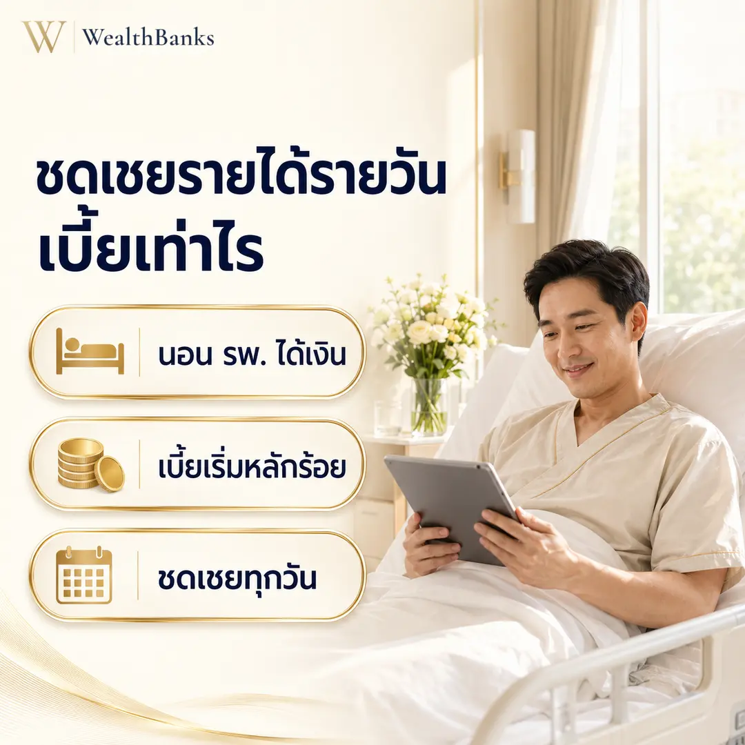 ชายไทยวัยทำงานนอนเตียงโรงพยาบาล พิงหมอน มองหน้าจอแท็บเล็ต ในห้องพักโรงพยาบาลมีเครื่องมือแพทย์ โทนสีสว่าง, กราฟิกแบรนด์ WealthBanks พร้อมหัวข้อและป้ายคีย์เวิร์ดสุขภาพ
