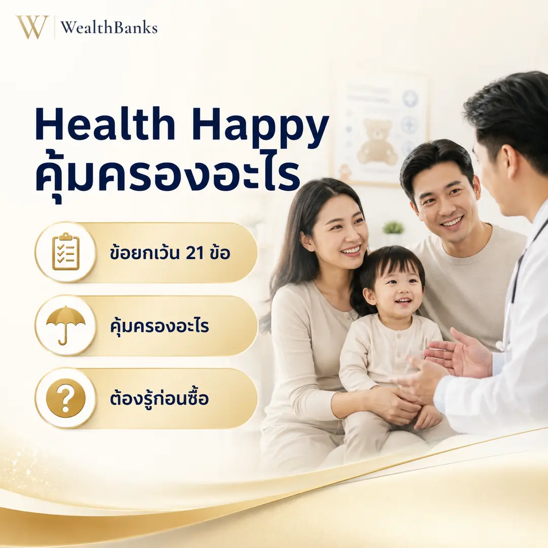 คนสี่คน หมอชาย พ่อชาย แม่หญิง และเด็กหญิง นั่งครึ่งวงกลม ครอบครัวฟังหมอที่กวักมืออธิบาย ในคลินิกหรือห้องหมอ โทนสีสว่าง, กราฟิกแบรนด์ WealthBanks พร้อมหัวข้อและป้ายคีย์เวิร์ดสุขภาพ