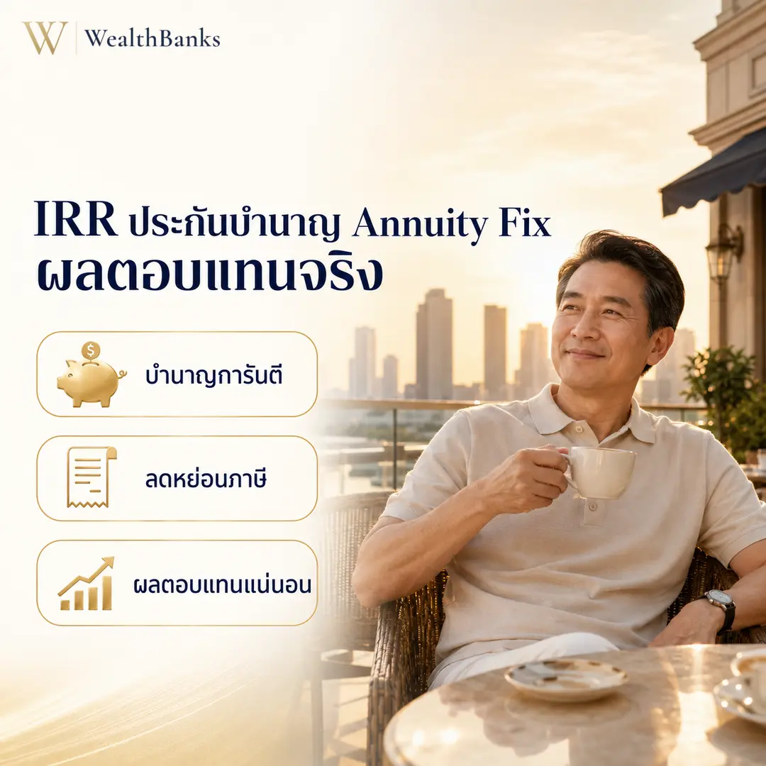 ชายไทยวัยทำงานนั่งโต๊ะจับแก้ว มองออกไปทางวิว ในระเบียงหรือชานเรือนกลางแจ้ง โทนสีสว่าง ผ่อนคลายอย่างสบายใจ, กราฟิกแบรนด์ WealthBanks พร้อมหัวข้อและป้ายคีย์เวิร์ดบำนาญ
