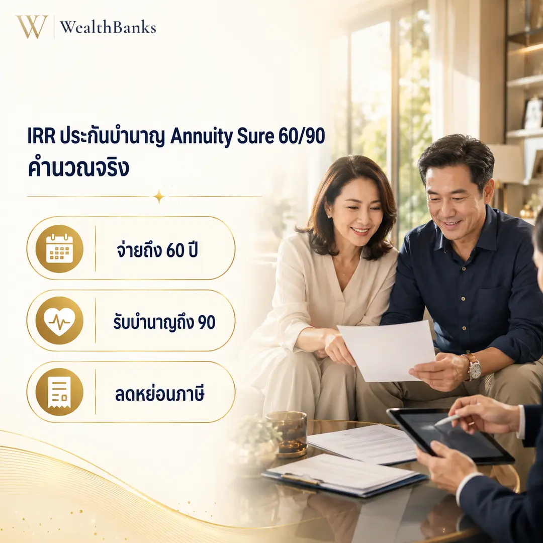 ชายไทยวัยทำงานสวมสูทมองแท็บเล็ตและเอกสารบนโต๊ะ ในออฟฟิศมืออาชีพโทนสีสว่าง แสงนุ่มนวล นั่งวางแผนอย่างมั่นใจ, กราฟิกแบรนด์ WealthBanks พร้อมหัวข้อและป้ายคีย์เวิร์ดลงทุน