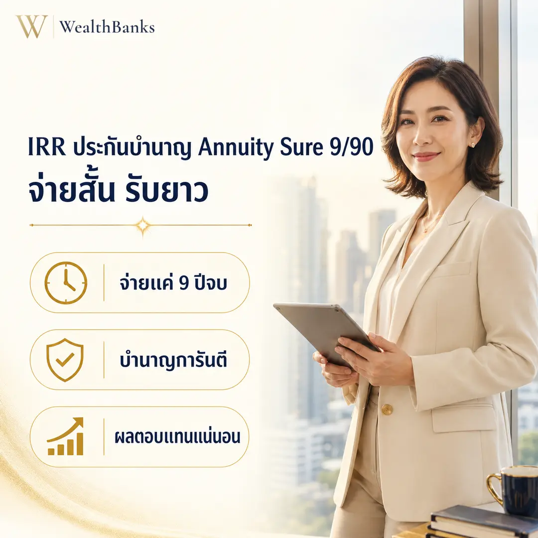 หญิงไทยวัยทำงานยืนใกล้หน้าต่างกว้าง ถือแท็บเล็ตในมือ ยิ้มแจ่มใส ในออฟฟิศโทนสีสว่าง แสงนุ่มนวล ยิ้มมีความสุข แจ่มใส, กราฟิกแบรนด์ WealthBanks พร้อมหัวข้อและป้ายคีย์เวิร์ดบำนาญ