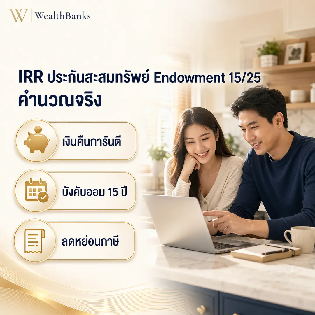 คู่สามีภรรยานั่งเคาน์เตอร์ครัวร่วมกัน มองหน้าจอแล็ปท็อป ในบ้านหรือห้องครัวโทนสีสว่าง แสงนุ่มนวล อบอุ่นใจ, กราฟิกแบรนด์ WealthBanks พร้อมหัวข้อและป้ายคีย์เวิร์ดลงทุน