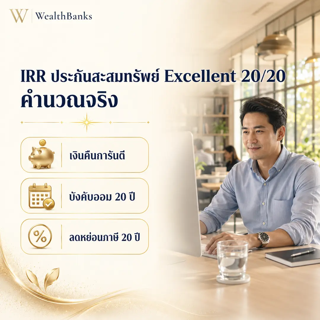 ชายไทยวัยทำงานนั่งโต๊ะทำงาน พิมพ์หรือทำงานบนจอคอมพิวเตอร์ ในออฟฟิศโทนสีสว่าง สว่างสะอาด มุ่งมั่นในงาน, กราฟิกแบรนด์ WealthBanks พร้อมหัวข้อและป้ายคีย์เวิร์ดลงทุน