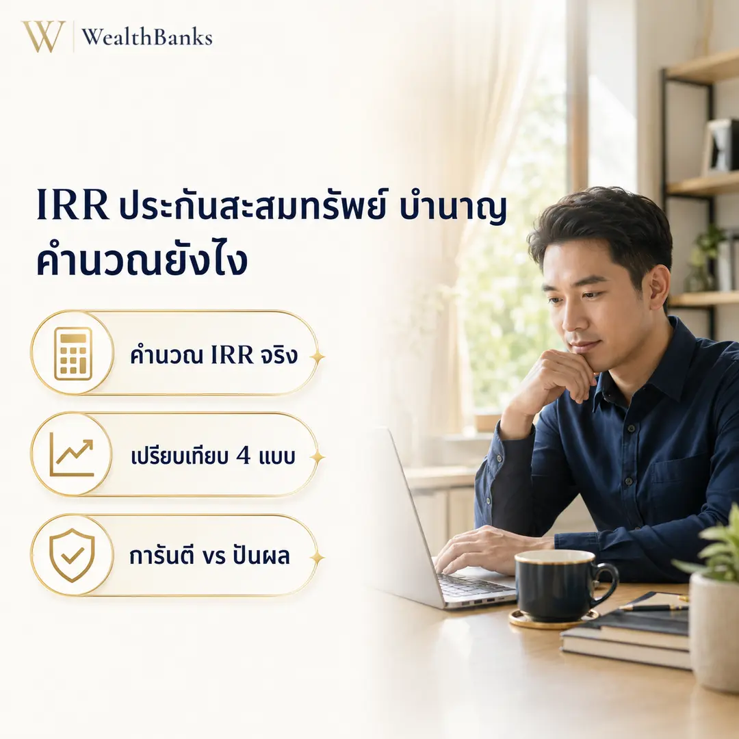ชายไทยวัยทำงานนั่งโต๊ะทำงาน มองหน้าจอแล็ปท็อปอย่างครุ่นคิด มือแตะคาง ในออฟฟิศโทนสีสว่าง แสงนุ่มนวล สงบ, กราฟิกแบรนด์ WealthBanks พร้อมหัวข้อและป้ายคีย์เวิร์ดลงทุน