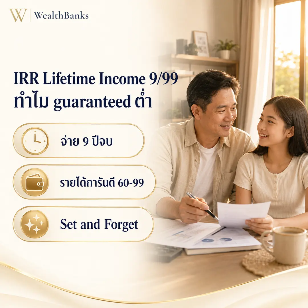 ชายและหญิงวัยกลางคนสองคนนั่งโต๊ะไม้ มองเอกสารยิ้มคุยกัน ในบ้านโทนสีงาช้าง แสงแดดอุ่นๆ อบอุ่นใจ มีความสุข, กราฟิกแบรนด์ WealthBanks พร้อมหัวข้อและป้ายคีย์เวิร์ดลงทุน