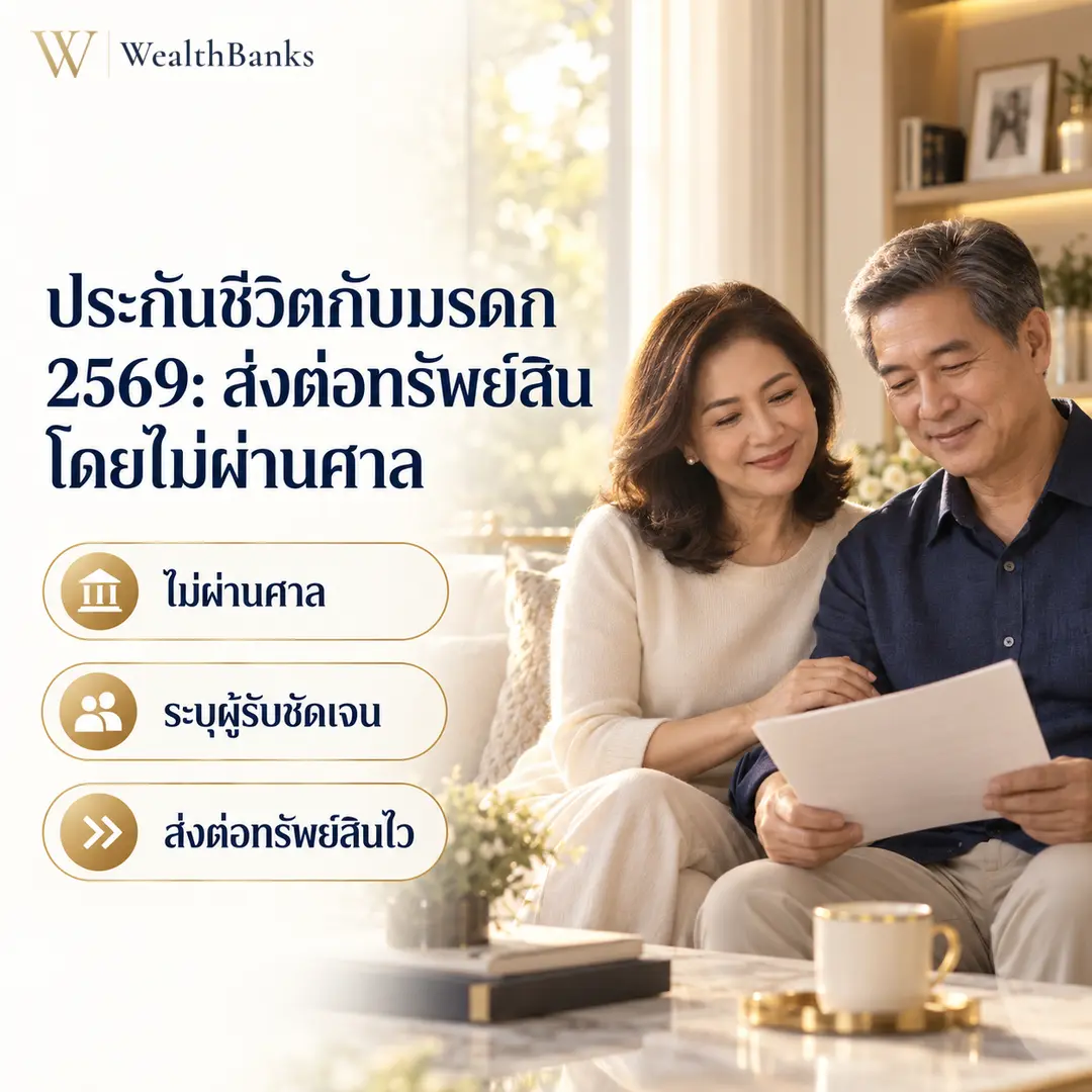 ครอบครัวไทยยิ้มอบอุ่นในสวนสีเขียว สัญลักษณ์การส่งต่อทรัพย์สินและความมั่นคง กราฟิกแบรนด์ WealthBanks พร้อมหัวข้อประกันชีวิตกับมรดก