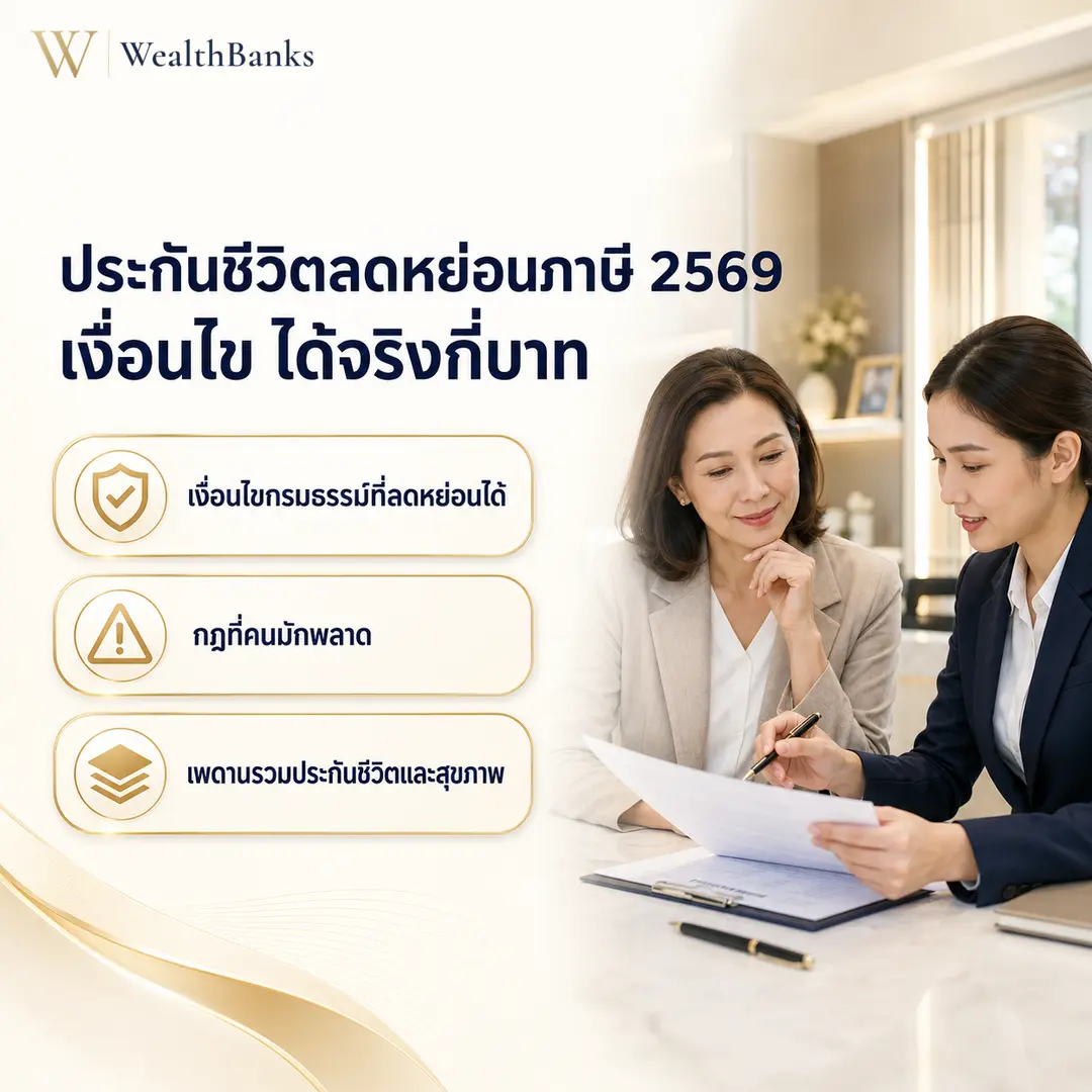 หญิงไทยสองคน นั่งโต๊ะทำงาน ปรึกษาและดูเอกสารร่วมกัน ในออฟฟิศโทนสีสว่าง หนึ่งสวมเสื้อคลุมอีกคนสวมสูท, กราฟิกแบรนด์ WealthBanks พร้อมหัวข้อและป้ายคีย์เวิร์ดลดหย่อนภาษี