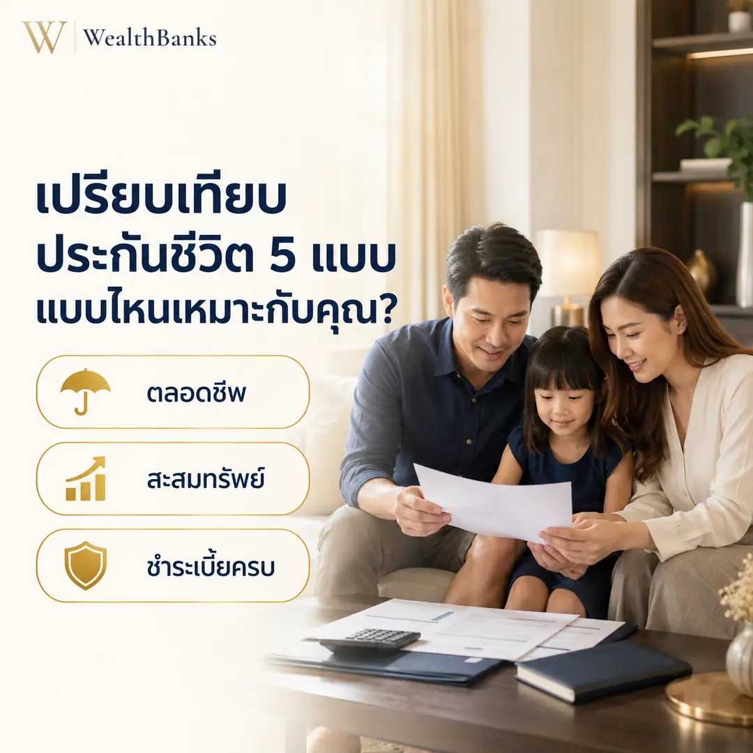 ครอบครัวสามคน พ่อ แม่ และลูกสาววัยเด็ก นั่งพื้นรอบโต๊ะกาแฟ ดูเอกสารที่ปูกระจาย ในห้องนั่งเล่นบ้านโทนสีงาช้าง แสงแดดอุ่นๆ อบอุ่นใจ, กราฟิกแบรนด์ WealthBanks พร้อมหัวข้อและป้ายคีย์เวิร์ดความคุ้มครอง