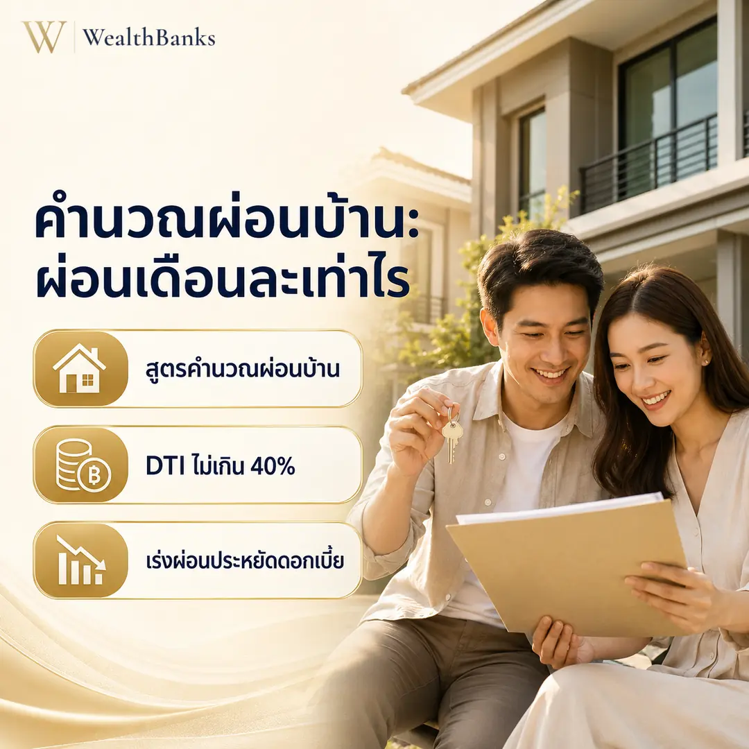 คู่สามีภรรยาไทยวัยทำงานนั่งโต๊ะดูเอกสารสินเชื่อบ้าน ในห้องนั่งเล่นโทนสีสว่าง แสงนุ่มนวล มีเครื่องคิดเลขบนโต๊ะ กราฟิกแบรนด์ WealthBanks พร้อมหัวข้อและป้ายคีย์เวิร์ดผ่อนบ้าน