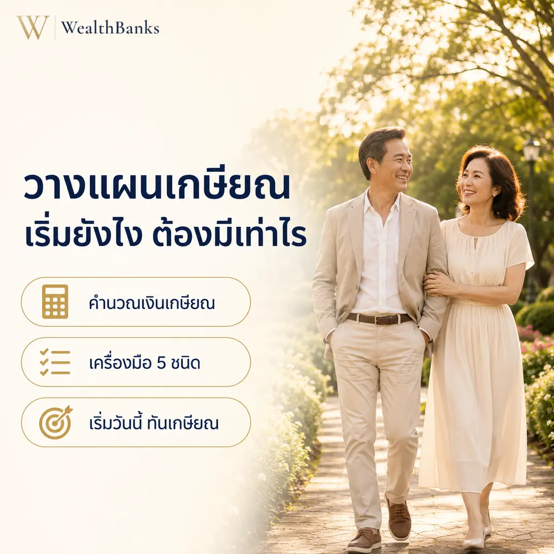 ชายและหญิงวัยกลางคนเดินเคียงคู่กันกลางแจ้ง ยิ้มให้กัน ในสวนหรือทางเดินสวนโทนสีสว่าง แสงธรรมชาติ อบอุ่น, กราฟิกแบรนด์ WealthBanks พร้อมหัวข้อและป้ายคีย์เวิร์ดเกษียณ