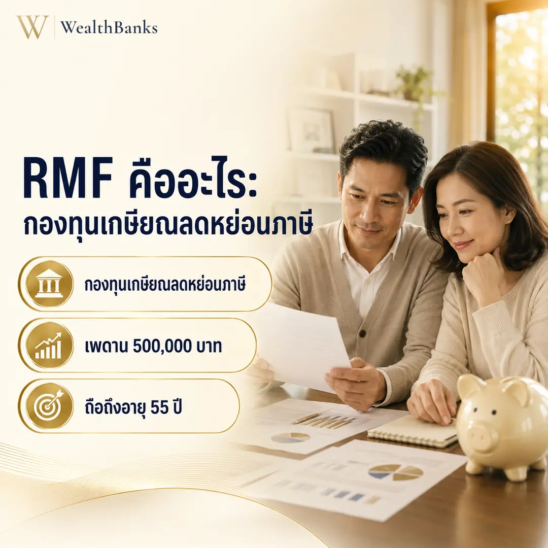 ชายไทยวัยทำงานนั่งโต๊ะทำงาน มองจอแสดงกราฟกองทุน ในออฟฟิศโทนสีสว่าง แสงนุ่มนวล มั่นใจในเป้าหมายเกษียณ กราฟิกแบรนด์ WealthBanks พร้อมหัวข้อและป้ายคีย์เวิร์ดกองทุน RMF