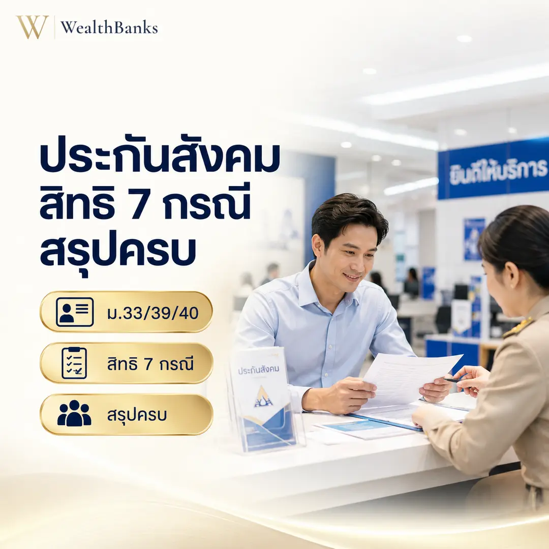 ชายไทยวัยทำงานยืนปรึกษาพนักงานหญิงที่เคาน์เตอร์ถือเอกสาร ในธนาคารหรือออฟฟิศ โทนสีสว่าง เป็นมืออาชีพ น่าไว้วางใจ, กราฟิกแบรนด์ WealthBanks พร้อมหัวข้อและป้ายคีย์เวิร์ดประกันสังคม