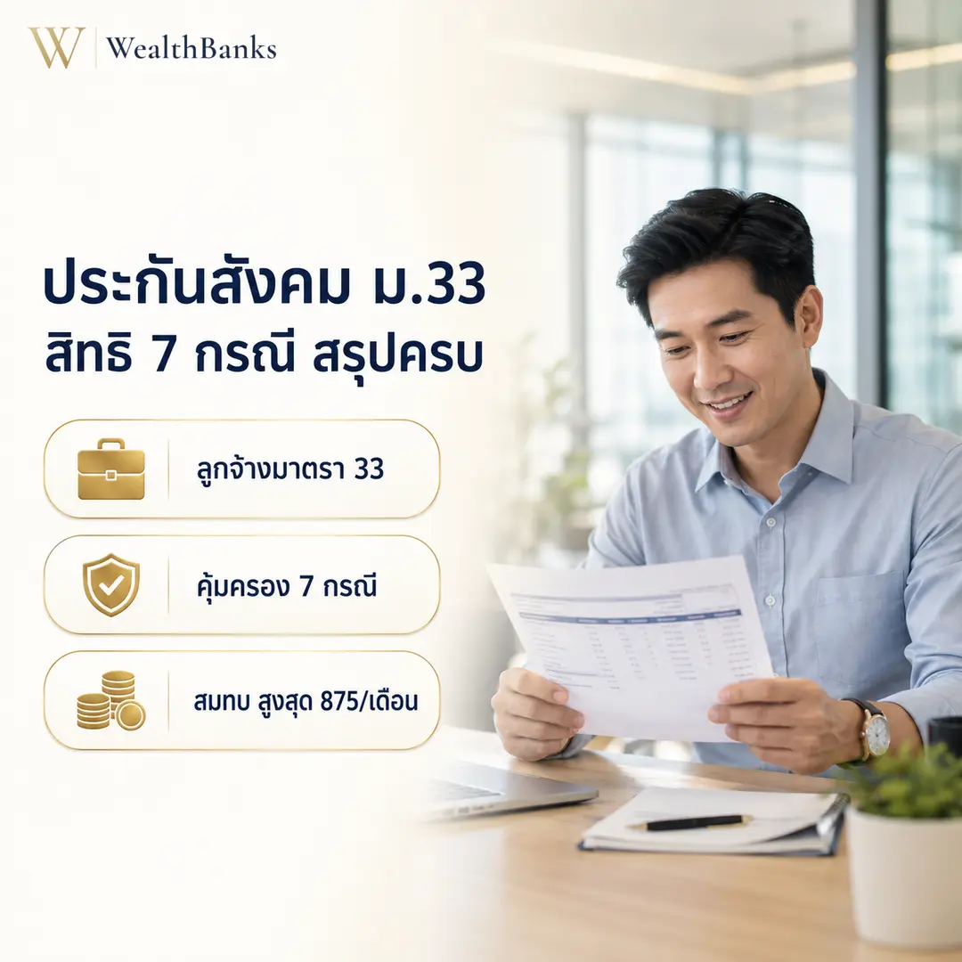 ชายไทยวัยทำงานนั่งโต๊ะทำงาน ถือเอกสาร ยิ้มมองออกนอกเฟรมเล็กน้อย ในออฟฟิศโทนสีสว่าง สว่างสะอาด, กราฟิกแบรนด์ WealthBanks พร้อมหัวข้อและป้ายคีย์เวิร์ดประกันสังคม