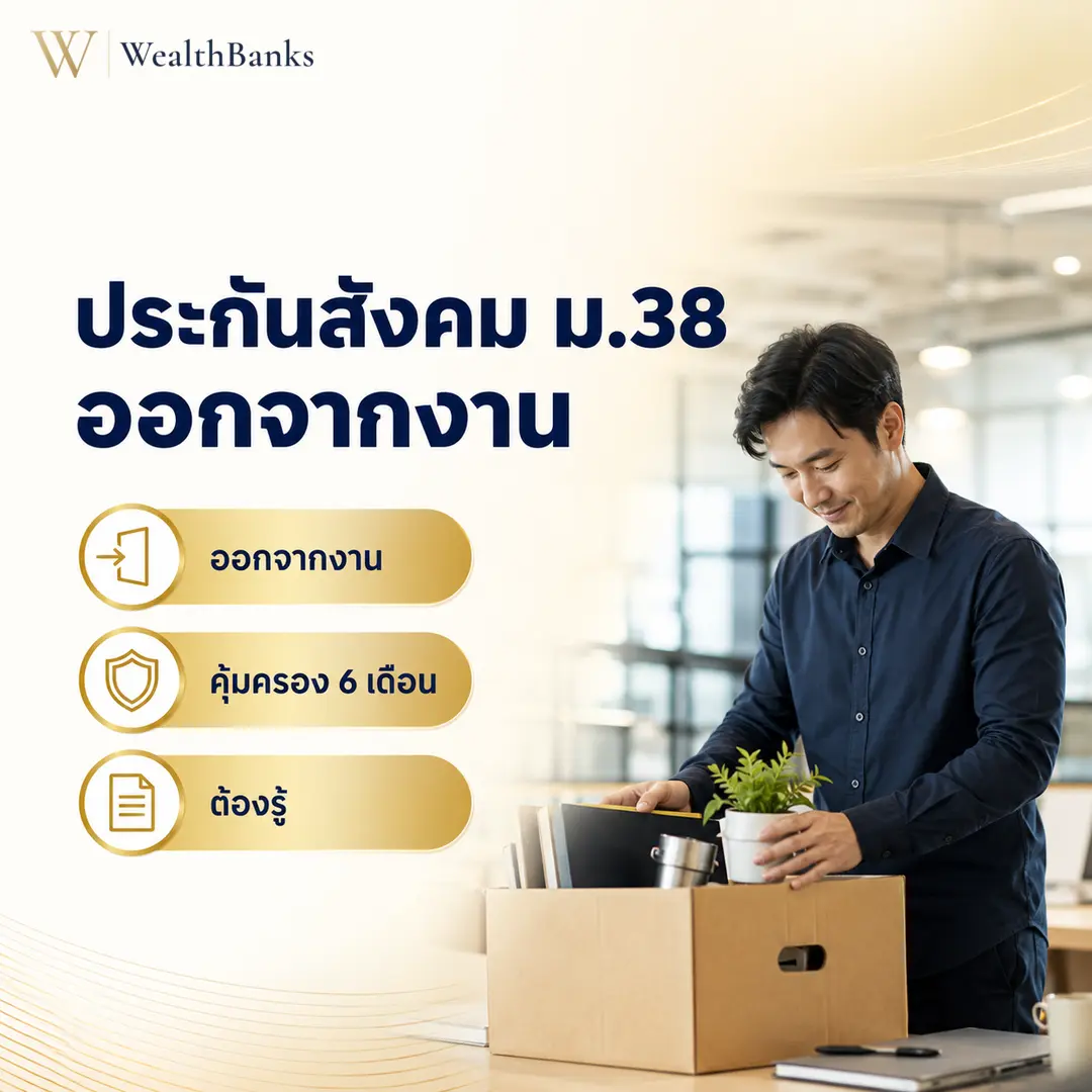 ชายไทยวัยทำงานยืนถือกล่องกระดาษ มองต้นไม้ประดับบนชั้น ในออฟฟิศโทนสีสว่าง มีชั้นวางและโต๊ะเบื้องหลัง บรรยากาศเป็นระเบียบเรียบร้อย, กราฟิกแบรนด์ WealthBanks พร้อมหัวข้อและป้ายคีย์เวิร์ดประกันสังคม