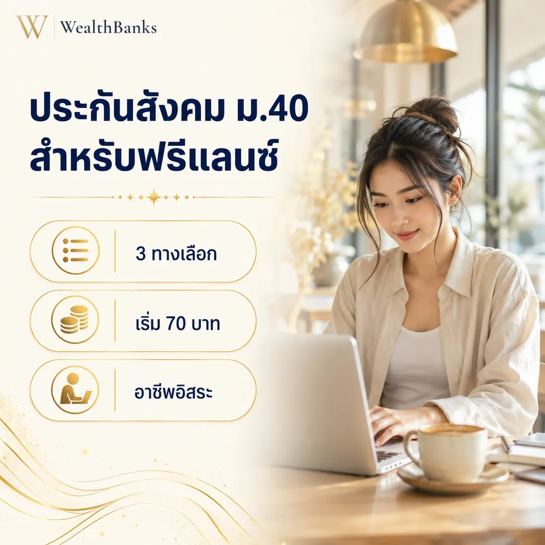 หญิงสาวนั่งโต๊ะทำงาน เปิดแล็ปท็อปพิมพ์ มีแก้วกาแฟข้างเคียง ในพื้นที่ทำงานโทนสีสว่าง สบายๆ แสงนุ่มนวล มีความสุข, กราฟิกแบรนด์ WealthBanks พร้อมหัวข้อและป้ายคีย์เวิร์ดประกันสังคม