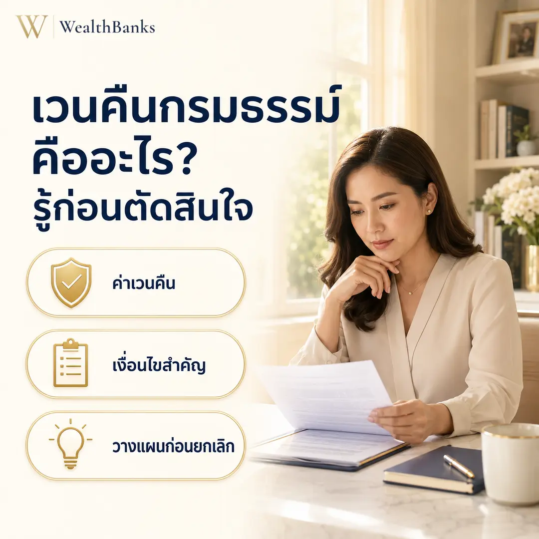 หญิงไทยวัยทำงานนั่งโต๊ะทำงาน ถือเอกสาร มือแตะคางดูครุ่นคิด ในออฟฟิศโทนสีสว่าง มีแล็ปท็อปและแก้วกาแฟ แสงนุ่มนวล สงบ, กราฟิกแบรนด์ WealthBanks พร้อมหัวข้อและป้ายคีย์เวิร์ดความคุ้มครอง