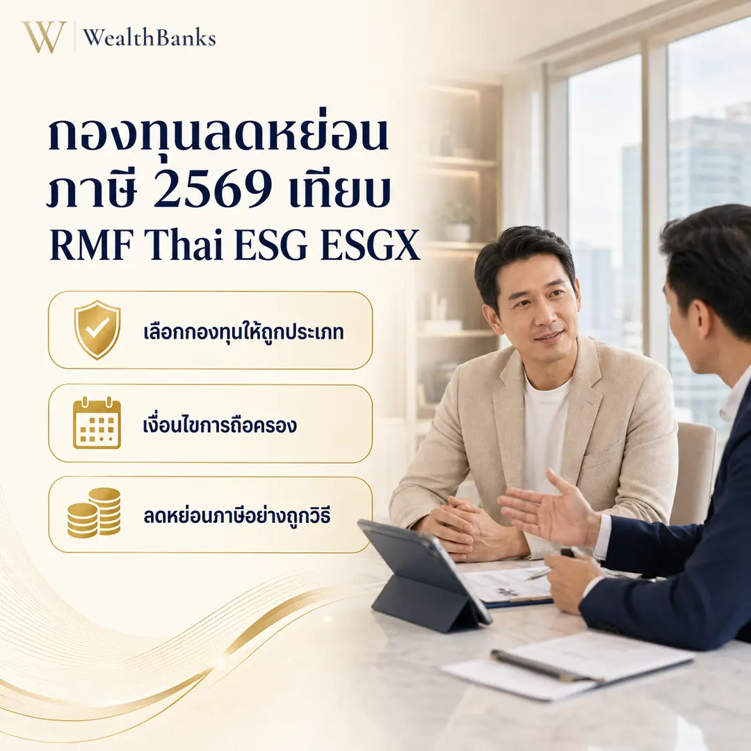 ชายไทยวัยทำงานสองคนนั่งโต๊ะ หนึ่งกวักมือพูดขณะอีกคนมองแท็บเล็ต ในห้องประชุมหรือออฟฟิศ โทนสีสว่าง, กราฟิกแบรนด์ WealthBanks พร้อมหัวข้อและป้ายคีย์เวิร์ดลดหย่อนภาษี