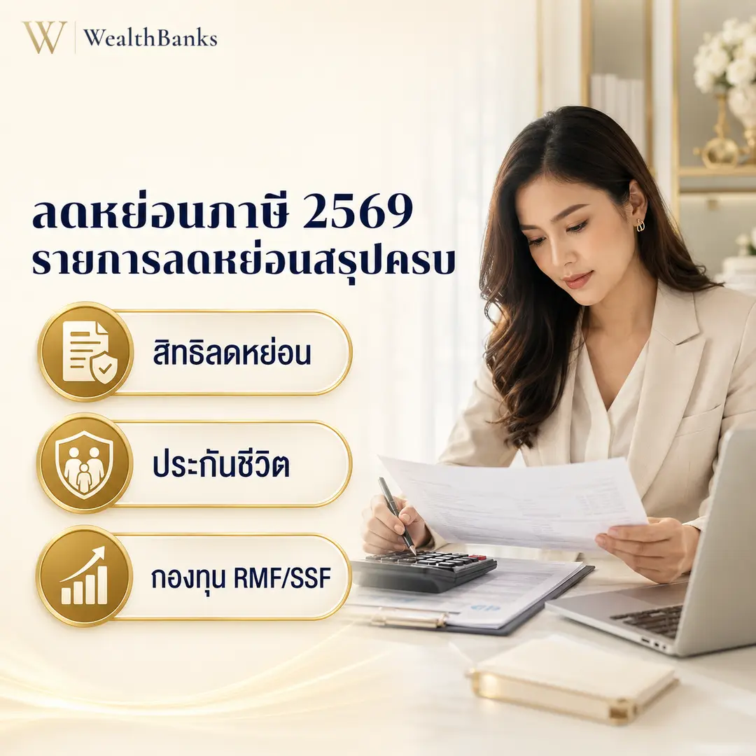 หญิงสาวนั่งที่โต๊ะทำงาน ถือเอกสารในมือหนึ่ง มองเครื่องคิดเลขบนโต๊ะอีกมือ ในออฟฟิศโทนสีสว่าง แสงนุ่มนวล นั่งคำนวณอย่างสบายใจ, กราฟิกแบรนด์ WealthBanks พร้อมหัวข้อและป้ายคีย์เวิร์ดลดหย่อนภาษี
