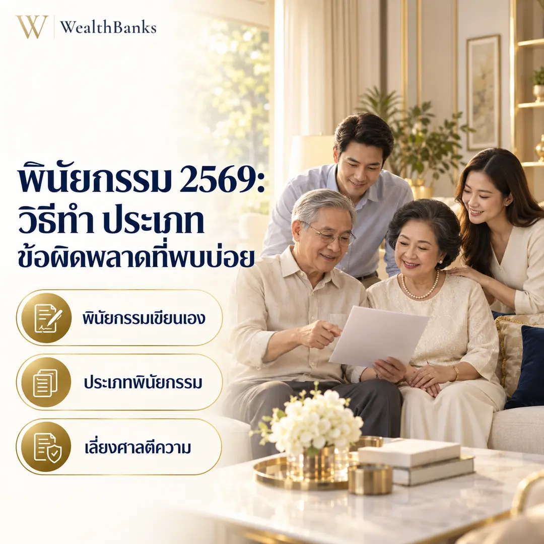 เอกสารพินัยกรรมบนโต๊ะไม้พร้อมปากกาและตราประทับ โทนอบอุ่น กราฟิกแบรนด์ WealthBanks พร้อมหัวข้อพินัยกรรม 2569