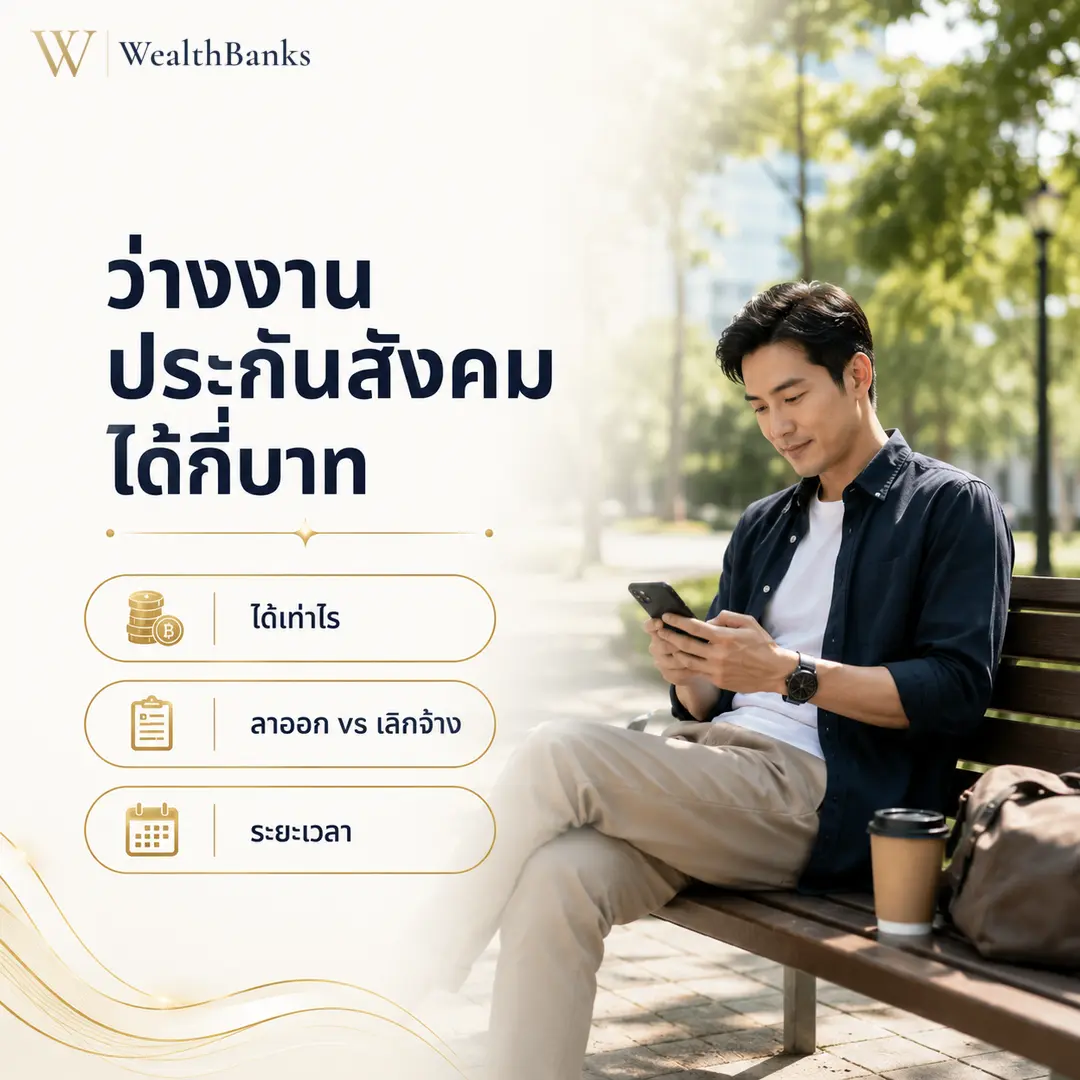 ชายไทยวัยทำงานนั่งบนม้านั่งสวน มองลงจอสมาร์ทโฟน ในสวนสาธารณะโทนสีสว่าง มีต้นไม้เขียวข้างเคียง, กราฟิกแบรนด์ WealthBanks พร้อมหัวข้อและป้ายคีย์เวิร์ดประกันสังคม