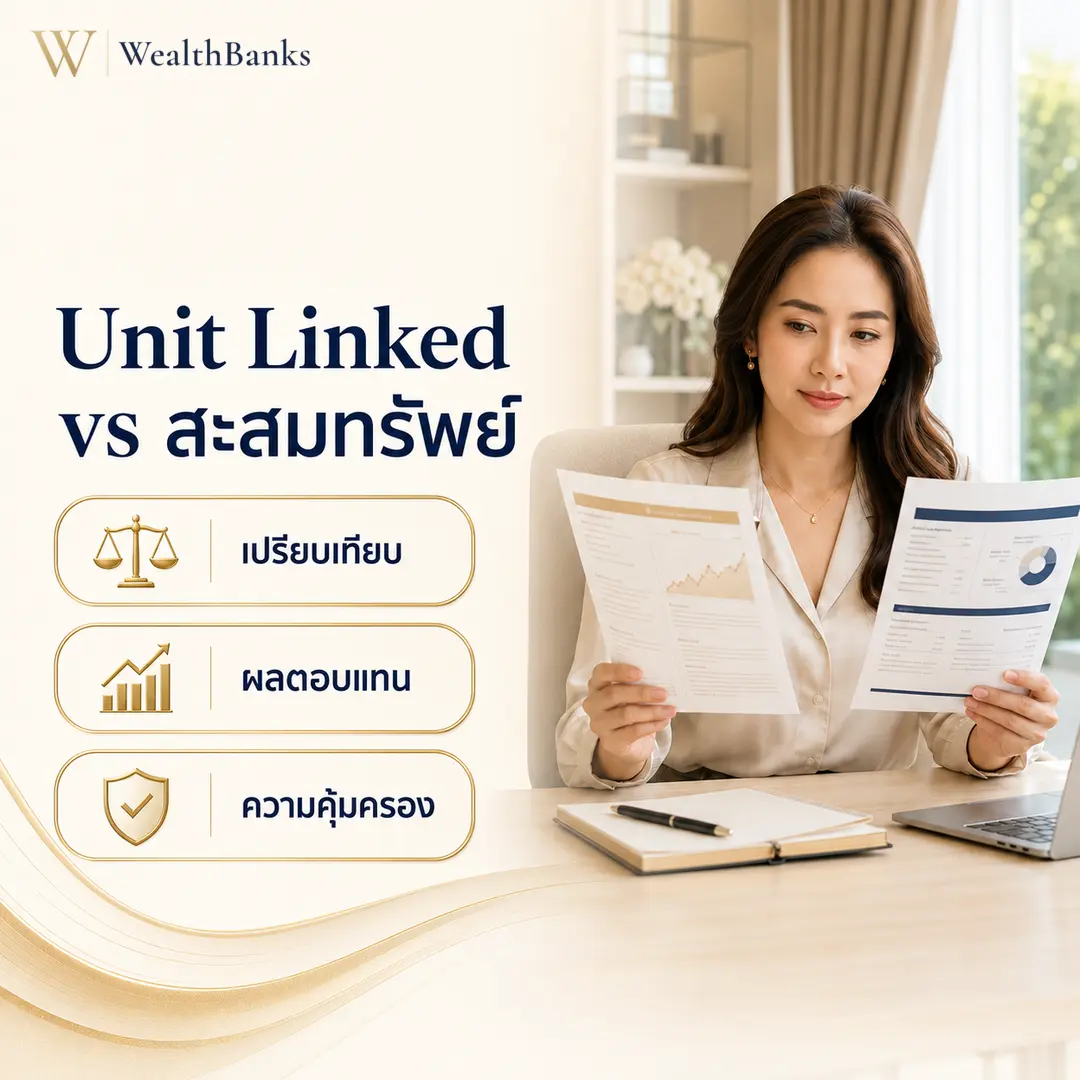 หญิงไทยวัยทำงานนั่งโต๊ะทำงาน ตรวจสอบและเปรียบเทียบเอกสารหลายแผ่น ในออฟฟิศโทนสีสว่าง สว่างสะอาด จดจ่อ, กราฟิกแบรนด์ WealthBanks พร้อมหัวข้อและป้ายคีย์เวิร์ดความคุ้มครอง