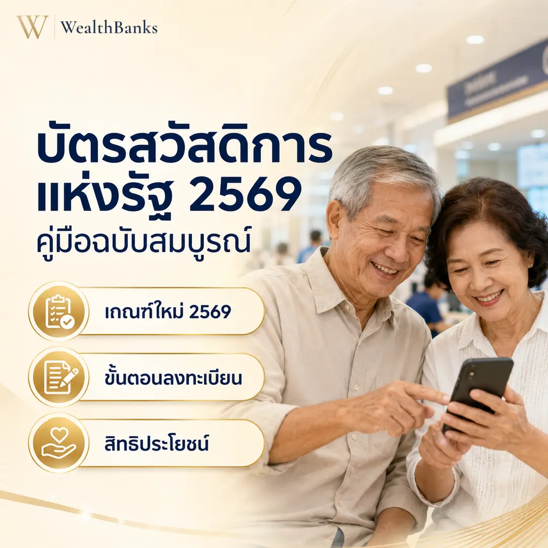 ชายและหญิงวัยกลางคนสองคนนั่งด้วยกันในบ้านโทนสีสว่าง มองสมาร์ทโฟนแสดงข้อมูล แสงนุ่มนวล อบอุ่นใจ มีความสุข, กราฟิกแบรนด์ WealthBanks พร้อมหัวข้อและป้ายคีย์เวิร์ดสวัสดิการ