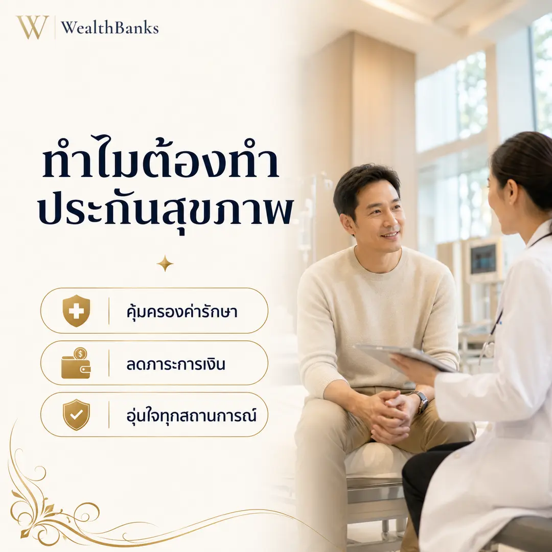หมอหญิงปรึกษากับคนไข้ชายที่นั่งบนเตียงตรวจ ในโรงพยาบาลหรือคลินิก โทนสีสว่าง เป็นมืออาชีพ น่าไว้วางใจ, กราฟิกแบรนด์ WealthBanks พร้อมหัวข้อและป้ายคีย์เวิร์ดสุขภาพ