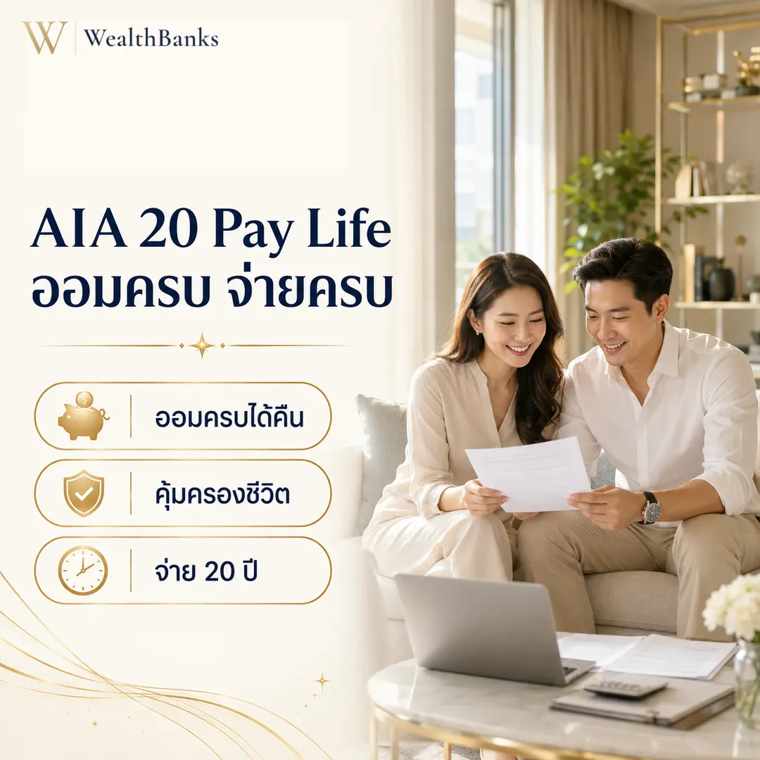 คู่สามีภรรยานั่งโซฟาในห้องนั่งเล่นบ้านโทนสีงาช้าง มองเอกสารร่วมกัน แสงนุ่มนวลอบอุ่นใจ ยิ้มมีความสุข, กราฟิกแบรนด์ WealthBanks พร้อมหัวข้อและป้ายคีย์เวิร์ดชีวิต