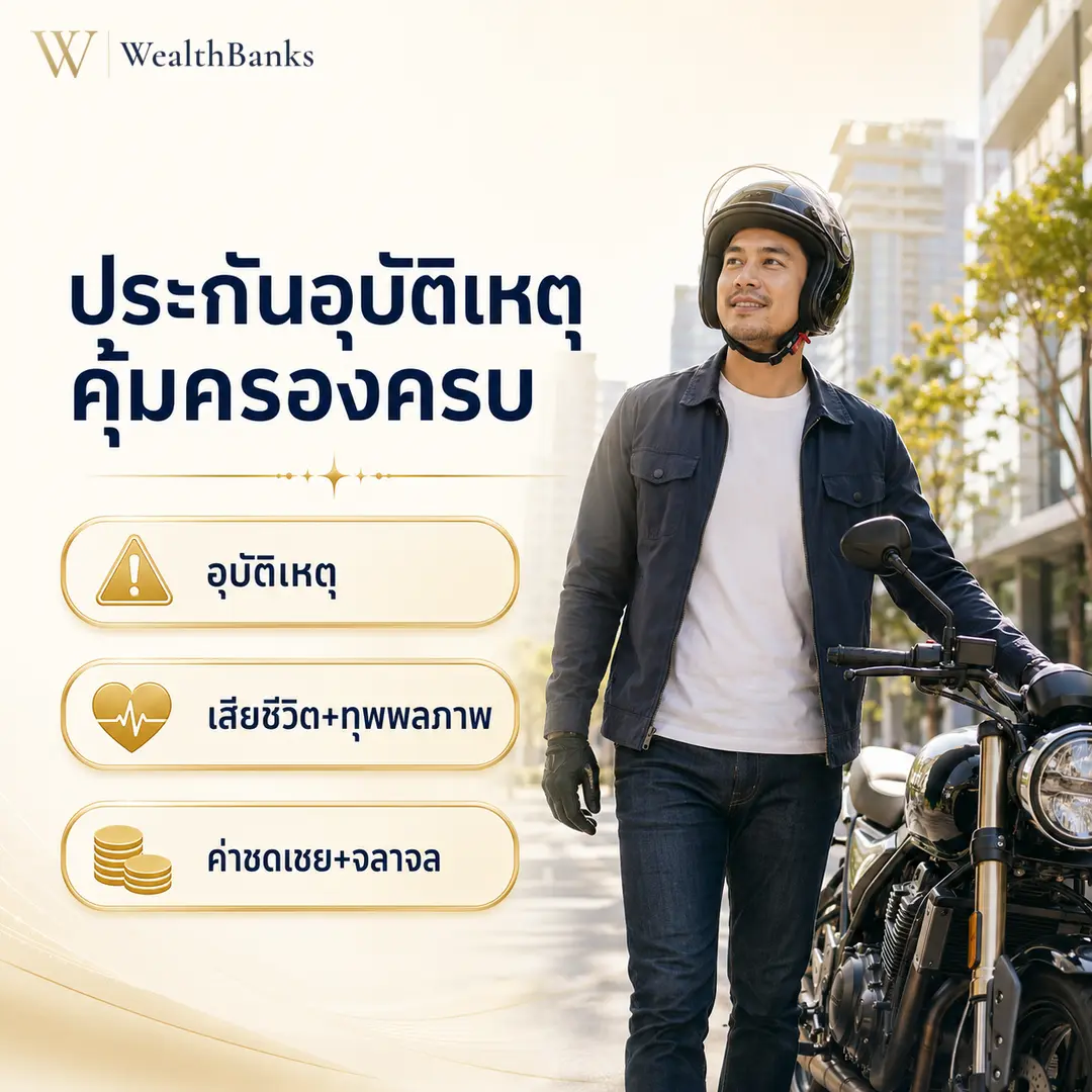 ชายไทยวัยทำงานยืนข้างรถจักรยานมอเตอร์ มองไปด้านข้าง ในกลางแจ้งถนนมีตึกเมืองเบื้องหลัง โทนสีสว่าง, กราฟิกแบรนด์ WealthBanks พร้อมหัวข้อและป้ายคีย์เวิร์ดอุบัติเหตุ