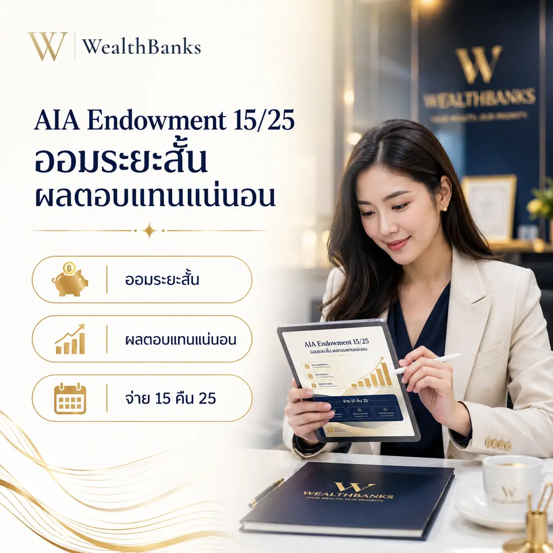หญิงไทยวัยทำงานนั่งโต๊ะทำงาน ถือแท็บเล็ตที่แสดงกราฟการเงิน ยิ้ม ในออฟฟิศหรือบ้านโทนสีสว่าง แสงนุ่มนวล มั่นใจ, กราฟิกแบรนด์ WealthBanks พร้อมหัวข้อและป้ายคีย์เวิร์ดออมเงิน