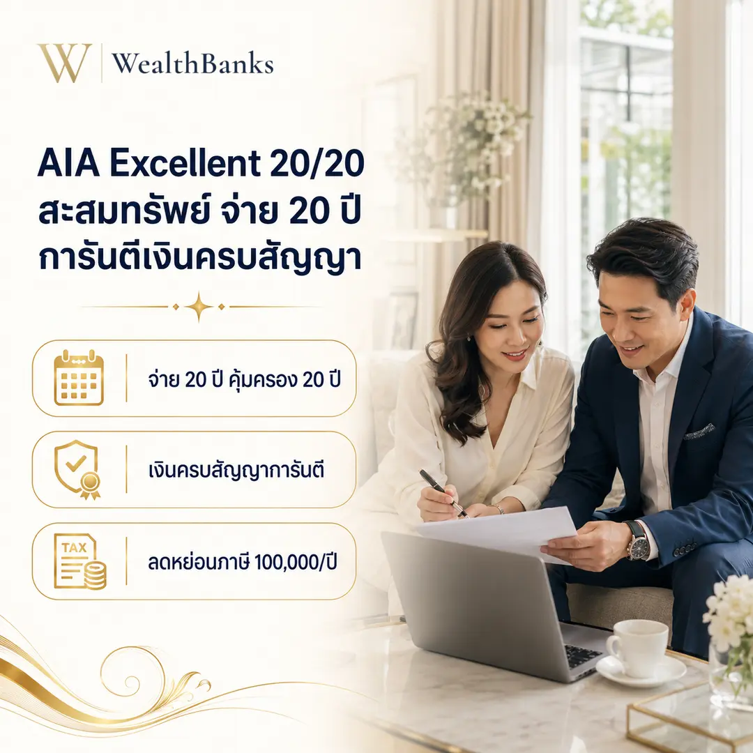 ชายและหญิงวัยทำงานสองคนนั่งโต๊ะ มองเอกสารร่วมกัน ชายชี้ไปที่กระดาษ ในออฟฟิศหรือบ้านโทนสีสว่าง มีแล็ปท็อปบนโต๊ะ, กราฟิกแบรนด์ WealthBanks พร้อมหัวข้อและป้ายคีย์เวิร์ดออมเงิน
