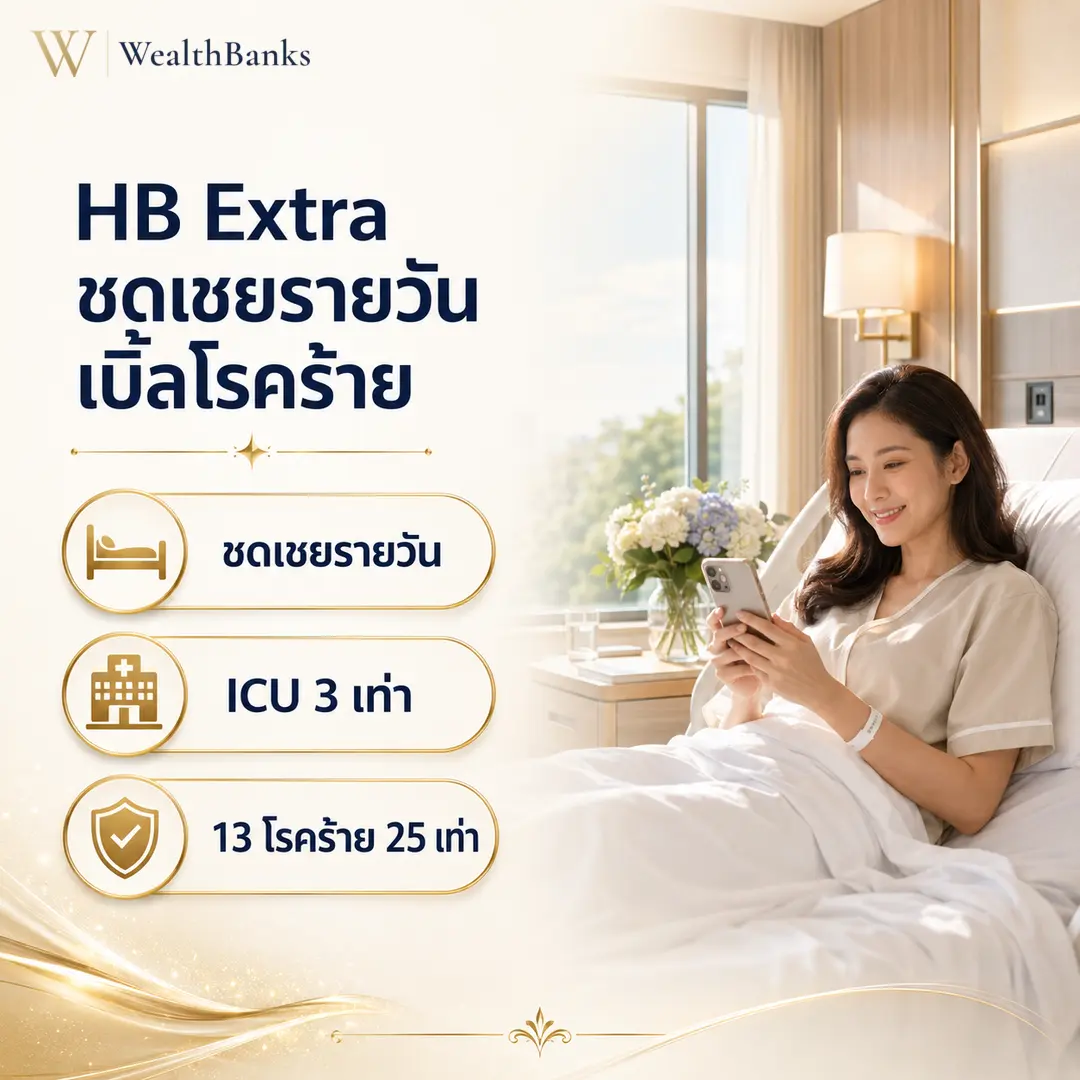 หญิงไทยวัยทำงานนอนพักในเตียงโรงพยาบาลโทนสีสว่าง ถือสมาร์ทโฟนในมือ ยิ้มแจ่มใสแสดงความสบายใจ เป็นบรรยากาศดูแลที่เป็นมืออาชีพ, กราฟิกแบรนด์ WealthBanks พร้อมหัวข้อและป้ายคีย์เวิร์ดสุขภาพ