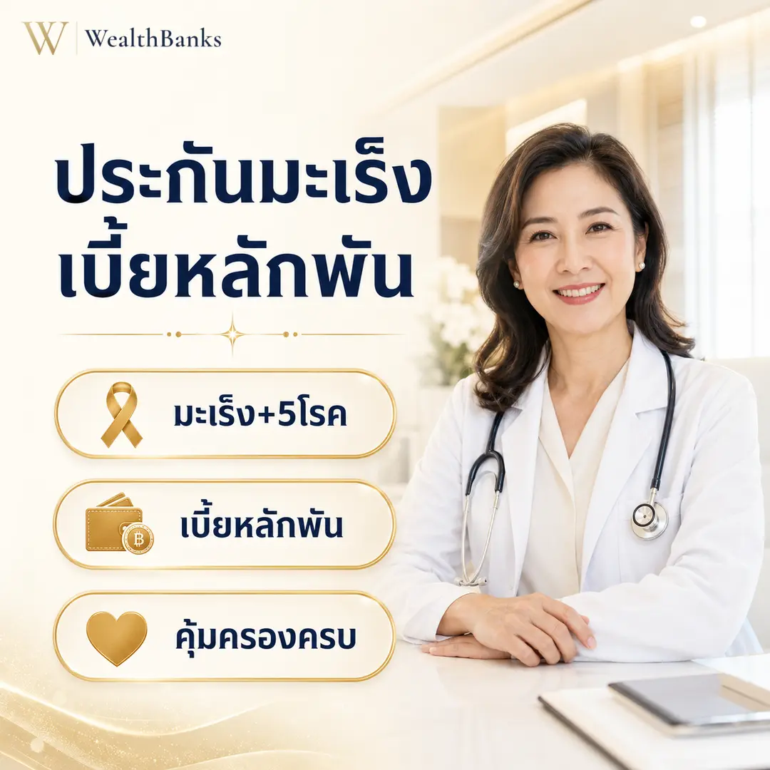 หญิงไทยวัยทำงานยิ้มมาที่กล้องอย่างเป็นมิตร สวมเสื้อกาวน์หมอ ในคลินิกหมอโทนสีสว่าง ภายหลังเบลอ น่าไว้วางใจ, กราฟิกแบรนด์ WealthBanks พร้อมหัวข้อและป้ายคีย์เวิร์ดโรคร้ายแรง
