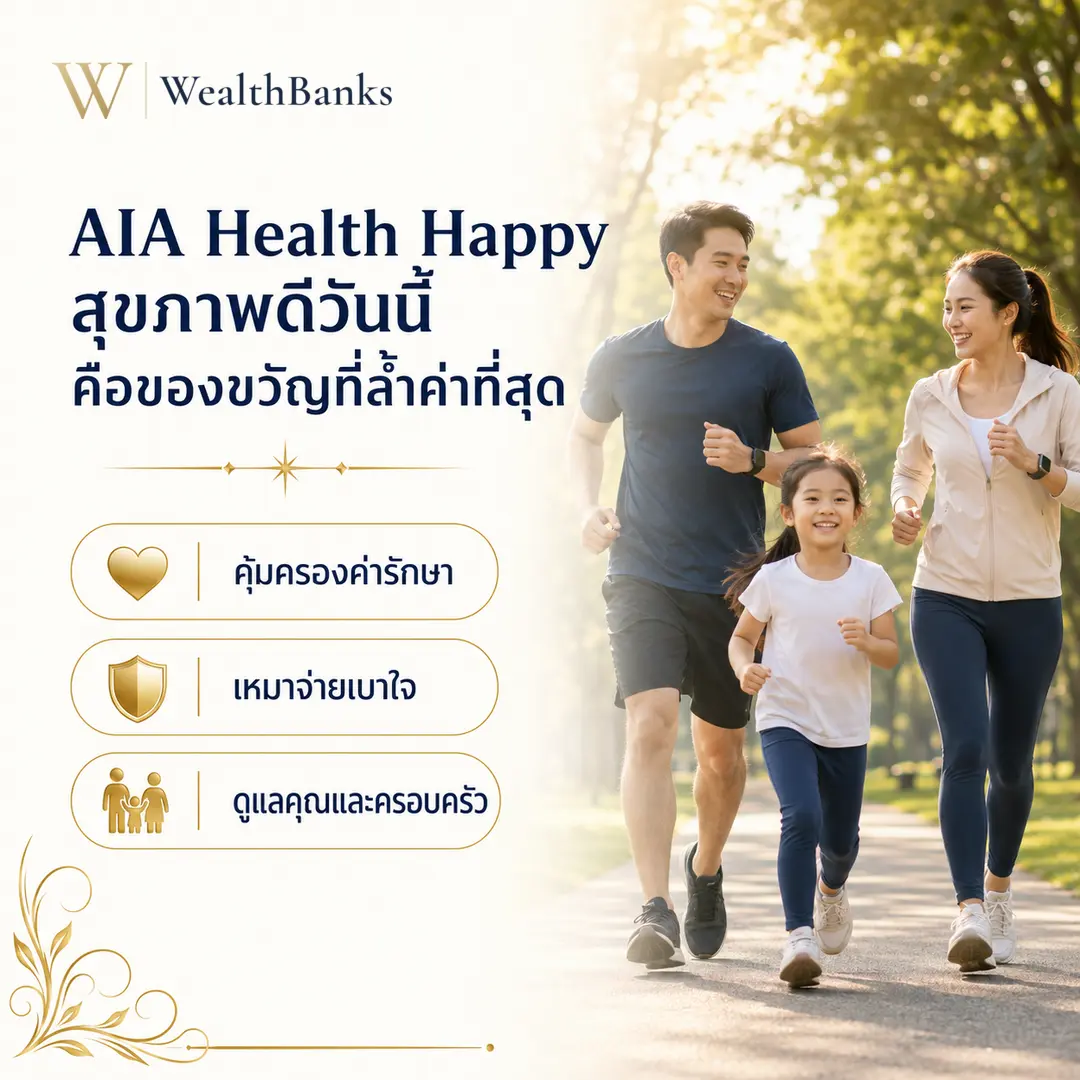 ครอบครัวสามคน ชาย หญิง และเด็กวัยเล็ก วิ่งร่วมกันเป็นครอบครัว ในสวนสาธารณะมีทางเดินและต้นไม้ โทนสีสว่าง แอคทีฟมีความสุข, กราฟิกแบรนด์ WealthBanks พร้อมหัวข้อและป้ายคีย์เวิร์ดสุขภาพ