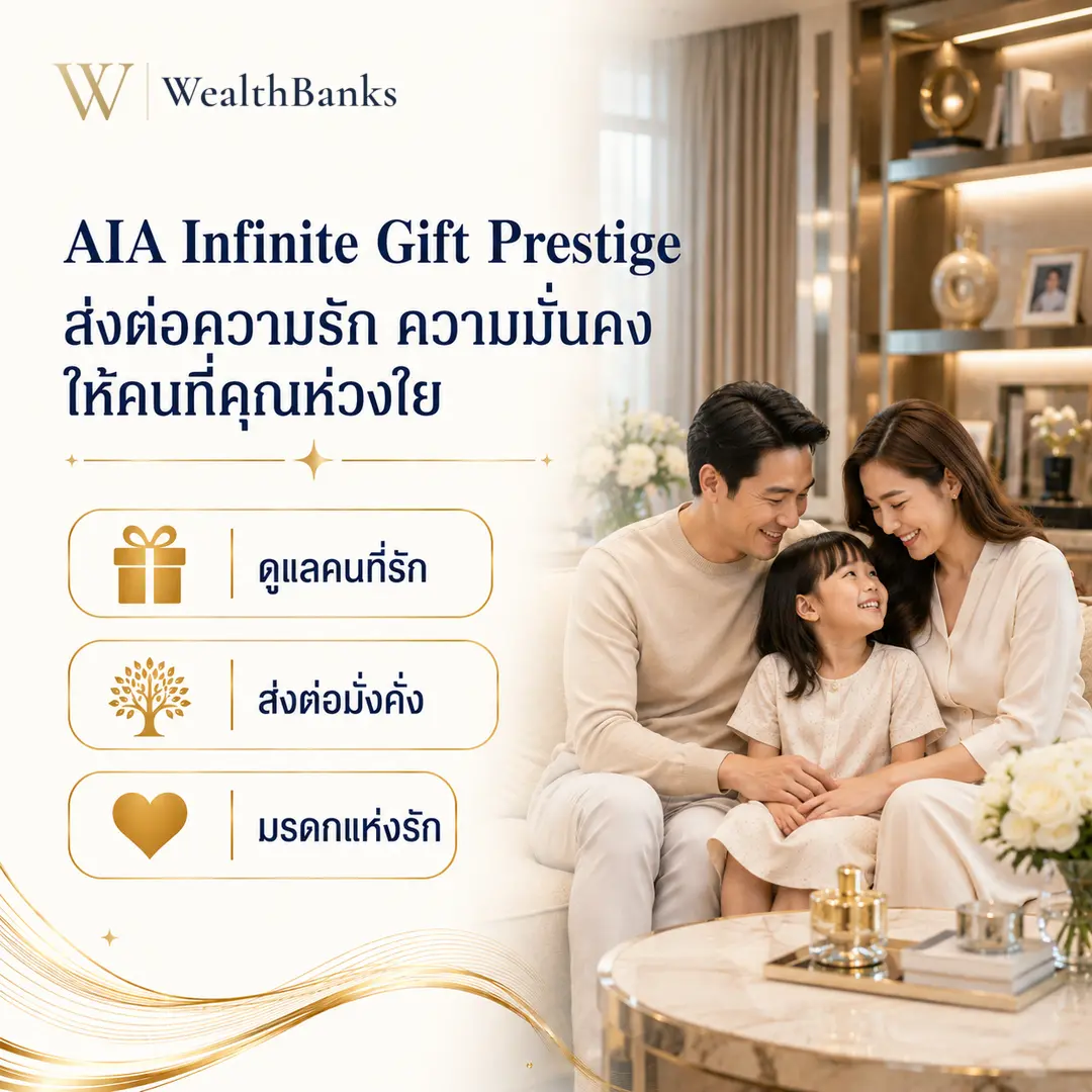 ครอบครัวสามคน ชาย หญิง และเด็กวัยเล็ก นั่งโซฟาด้วยกัน มองเด็กและยิ้ม ในห้องนั่งเล่นบ้านมีชั้นหนังสือ แสงนุ่มนวล อบอุ่น, กราฟิกแบรนด์ WealthBanks พร้อมหัวข้อและป้ายคีย์เวิร์ดลงทุน
