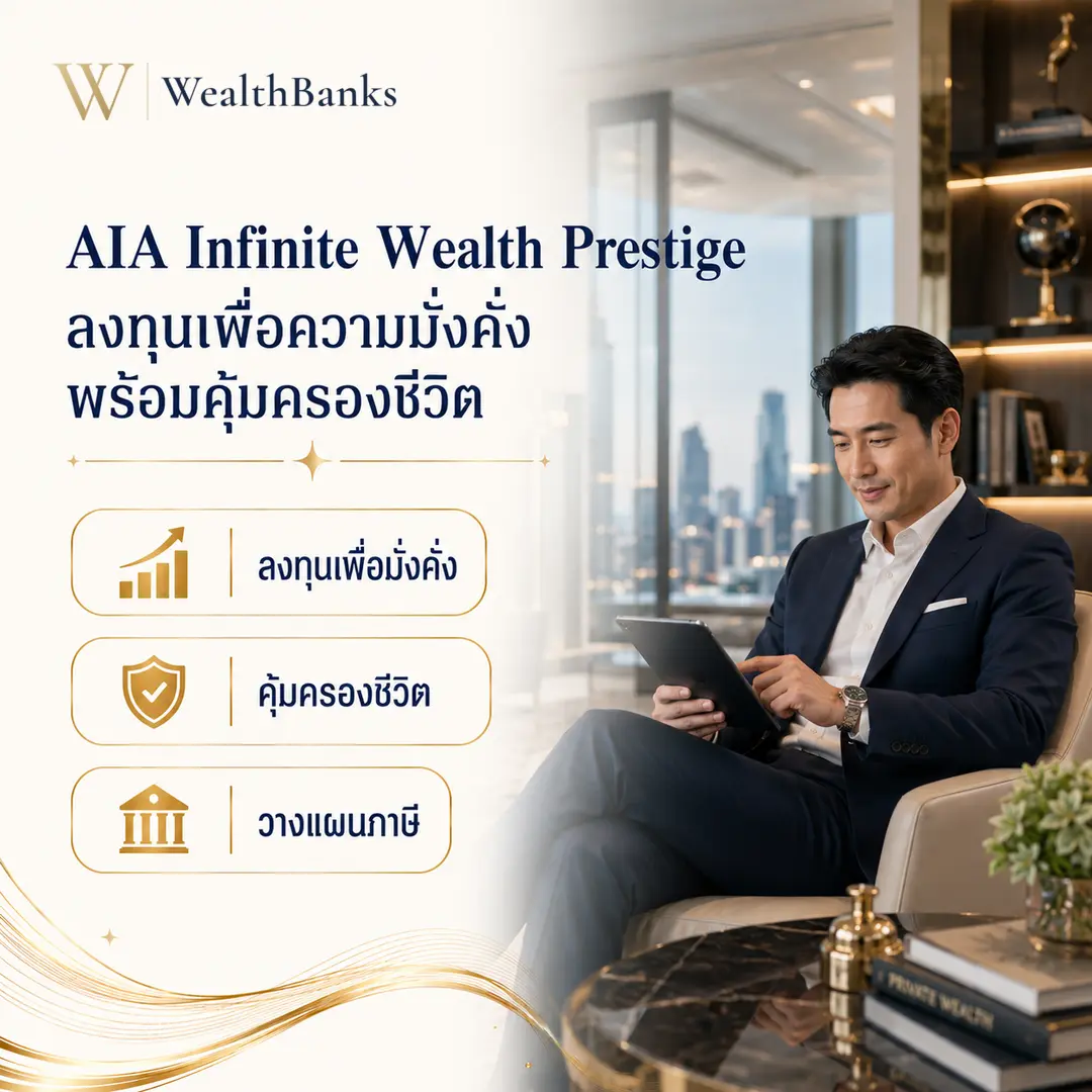 ชายไทยวัยทำงานนั่งเก้าอี้มองแท็บเล็ต ในห้องนั่งเล่นหรือบ้านโทนสีสว่าง มีวิวหน้าต่างกว้างเบื้องหลัง แสงนุ่มนวล ผ่อนคลาย, กราฟิกแบรนด์ WealthBanks พร้อมหัวข้อและป้ายคีย์เวิร์ดลงทุน