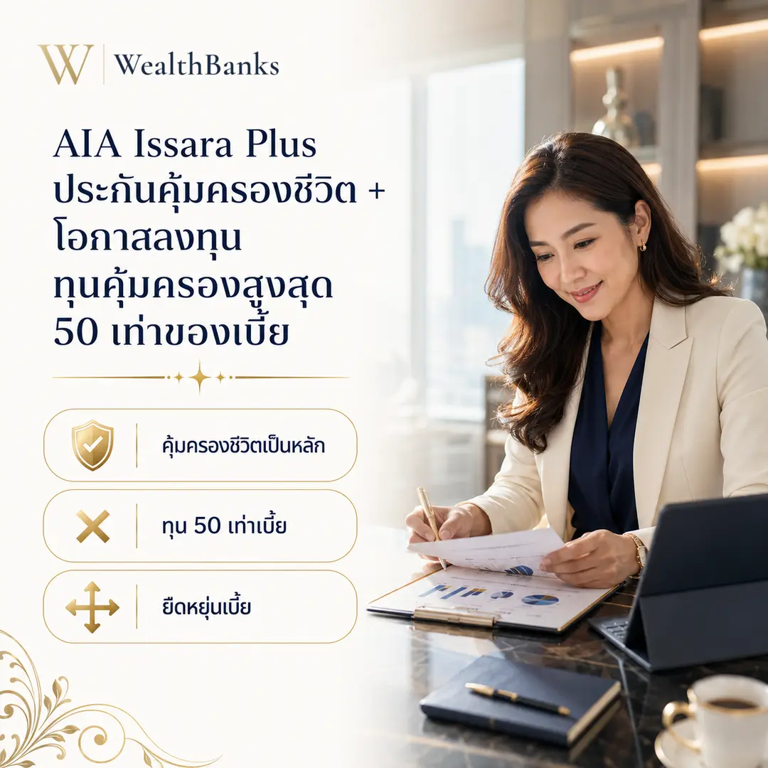 หญิงไทยวัยทำงานนั่งโต๊ะทำงาน ก้มมองกระดาษและกราฟยิ้ม ในออฟฟิศโทนสีสว่าง มีแล็ปท็อปและวิวเมืองเบื้องหลัง, กราฟิกแบรนด์ WealthBanks พร้อมหัวข้อและป้ายคีย์เวิร์ดลงทุน