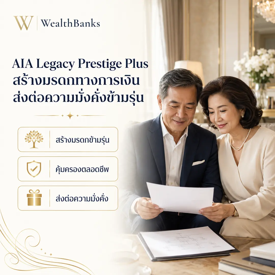 คู่สามีภรรยาวัยกลางคนนั่งโต๊ะ มองเอกสารร่วมกัน ในบ้านหรือโซนรับประทานอาหารโทนสีสว่าง แสงนุ่มนวล อบอุ่น, กราฟิกแบรนด์ WealthBanks พร้อมหัวข้อและป้ายคีย์เวิร์ดชีวิต