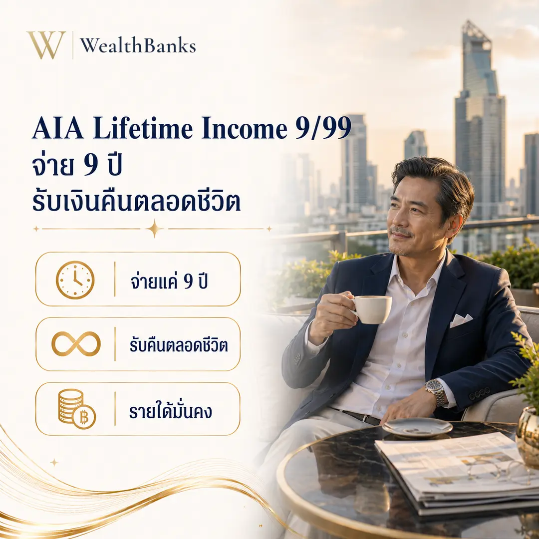 ชายไทยวัยทำงานนั่งโต๊ะ จับแก้วกาแฟ มองออกวิว ในระเบียงหรือชานเรือนมีวิวเส้นขอบฟ้าเมือง โทนสีสว่าง ผ่อนคลาย, กราฟิกแบรนด์ WealthBanks พร้อมหัวข้อและป้ายคีย์เวิร์ดออมเงิน