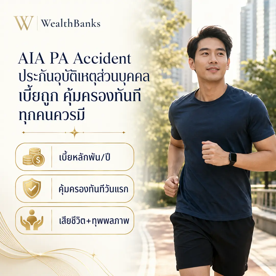 ชายไทยวัยทำงานวิ่งออกกำลังกายบนทางเท้าในเมืองโทนสีสว่าง มีตึกสูงเบื้องหลัง แอคทีฟกระฉับกระเฉงเปี่ยมพลัง, กราฟิกแบรนด์ WealthBanks พร้อมหัวข้อและป้ายคีย์เวิร์ดอุบัติเหตุ