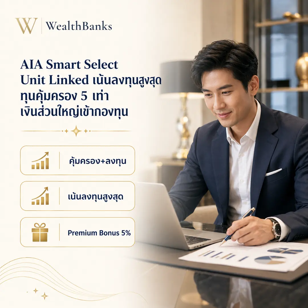 ชายไทยวัยทำงานนั่งโต๊ะทำงาน ยิ้มมองหน้าจอแล็ปท็อปและเอกสารบางแผ่น ในออฟฟิศหรือบ้านโทนสีสว่าง มีโคมไฟโต๊ะและหน้าต่างเบื้องหลัง, กราฟิกแบรนด์ WealthBanks พร้อมหัวข้อและป้ายคีย์เวิร์ดลงทุน