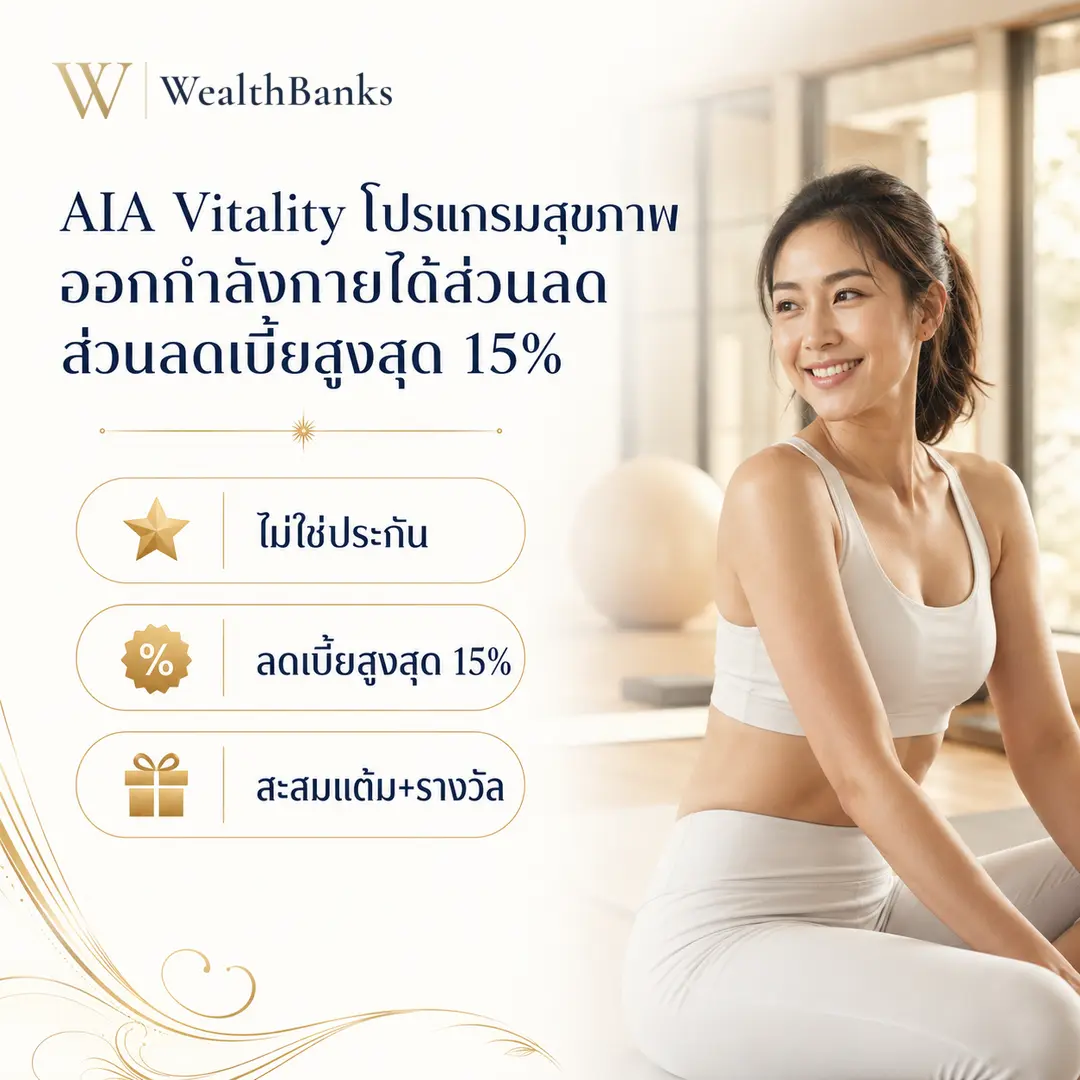 หญิงไทยวัยกลางคนนั่งพับขาบนพื้นในสตูดิโอเวลเนส ยิ้มแจ่มใส โทนสีสว่าง พื้นเรียบ เป็นบรรยากาศดูแลสุขภาพ, กราฟิกแบรนด์ WealthBanks พร้อมหัวข้อและป้ายคีย์เวิร์ดสุขภาพดี